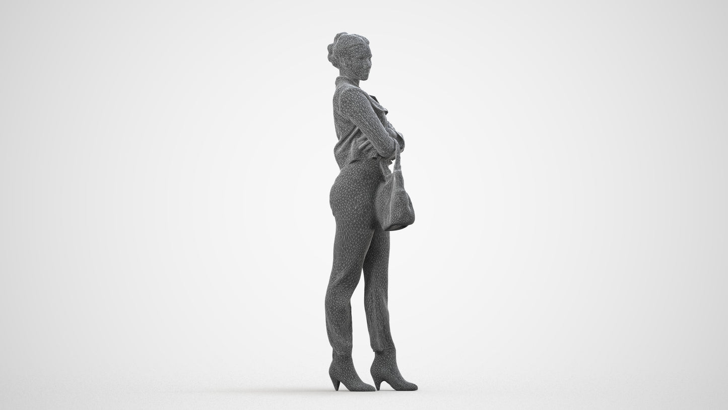 3D human model woman business standing, photogrammetry scanned person for archviz, wireframe side view