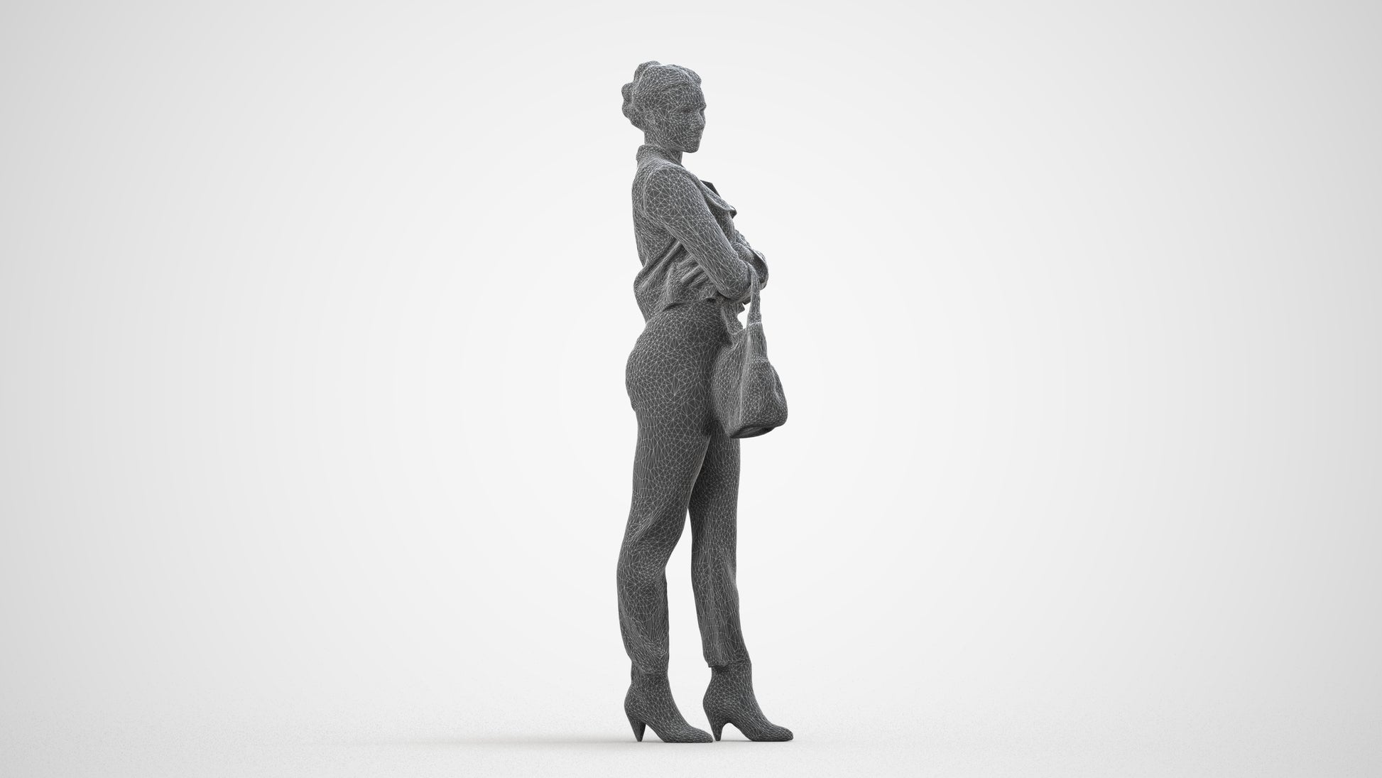3D human model woman business standing, photogrammetry scanned person for archviz, wireframe side view