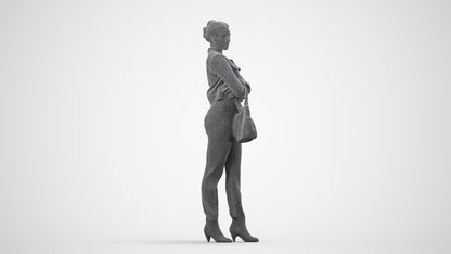 3D human model woman business standing, photogrammetry scanned person for archviz, wireframe side view