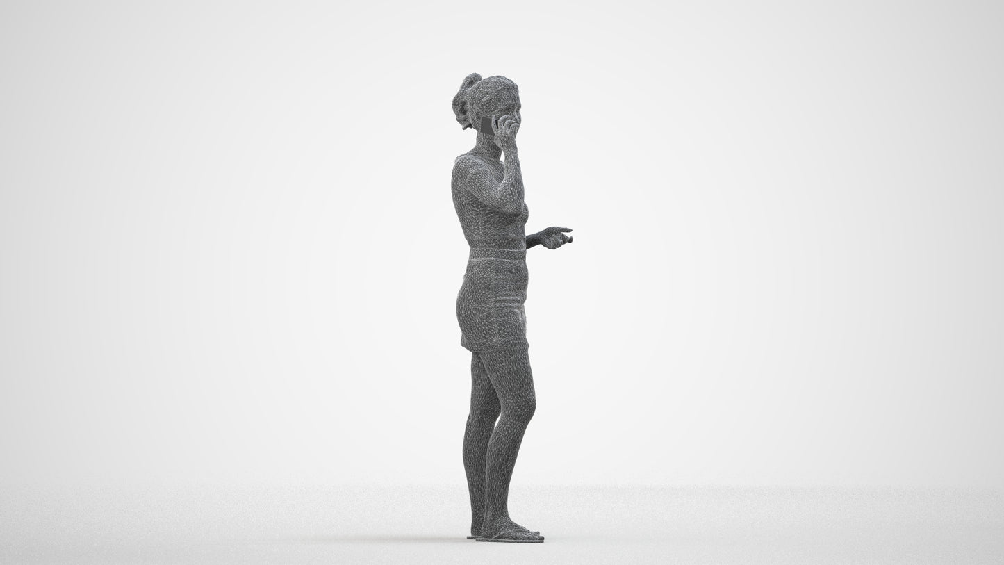 realistic 3D woman casual standing, scanned archviz people for Blender and 3ds Max, wireframe side view