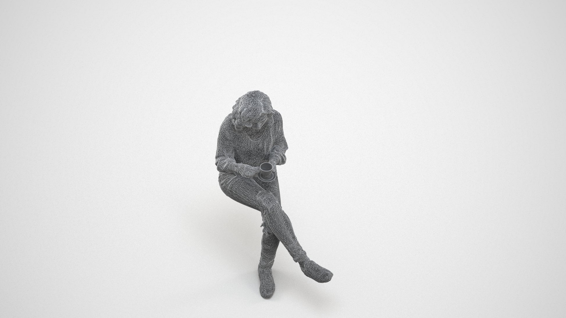 photogrammetry 3D woman casual sitting, realistic human model archviz FBX, wireframe three-quarter view