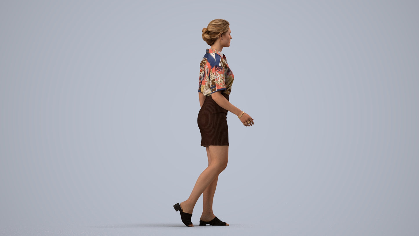photogrammetry 3D woman casual walking, realistic human model archviz FBX, side view render