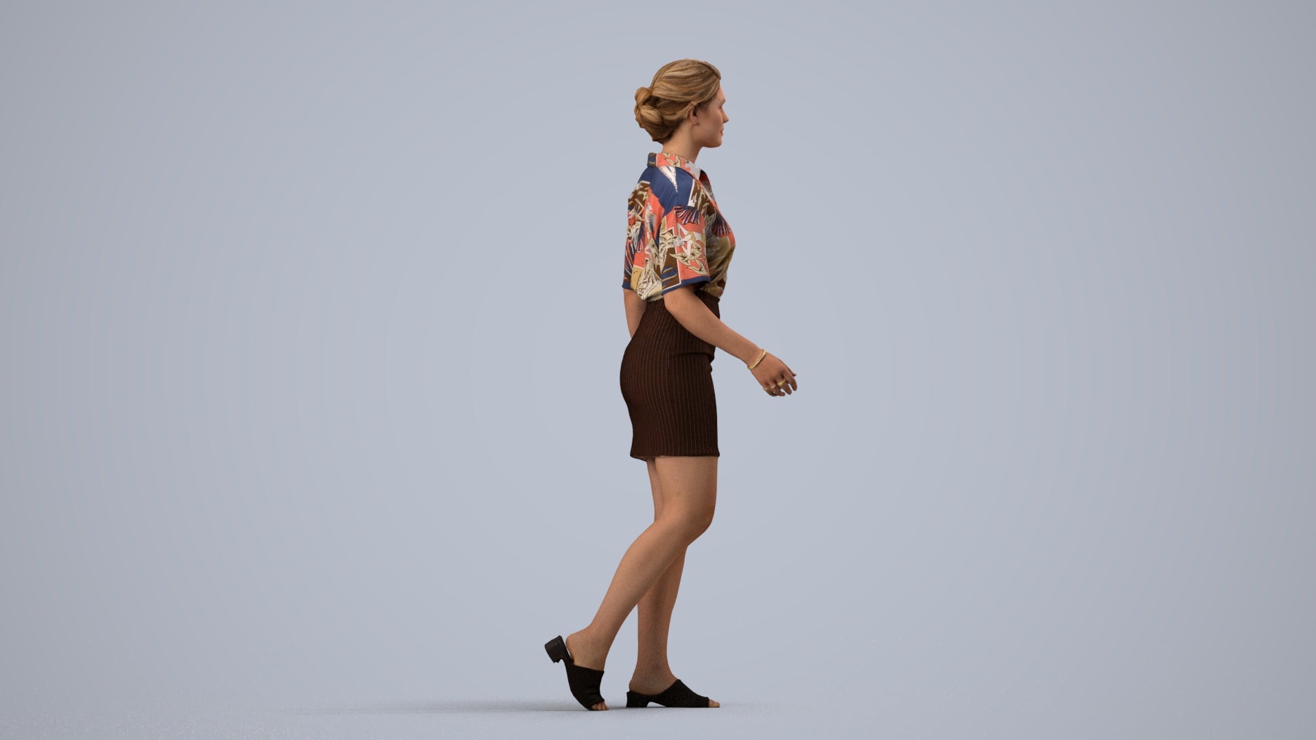 photogrammetry 3D woman casual walking, realistic human model archviz FBX, side view render