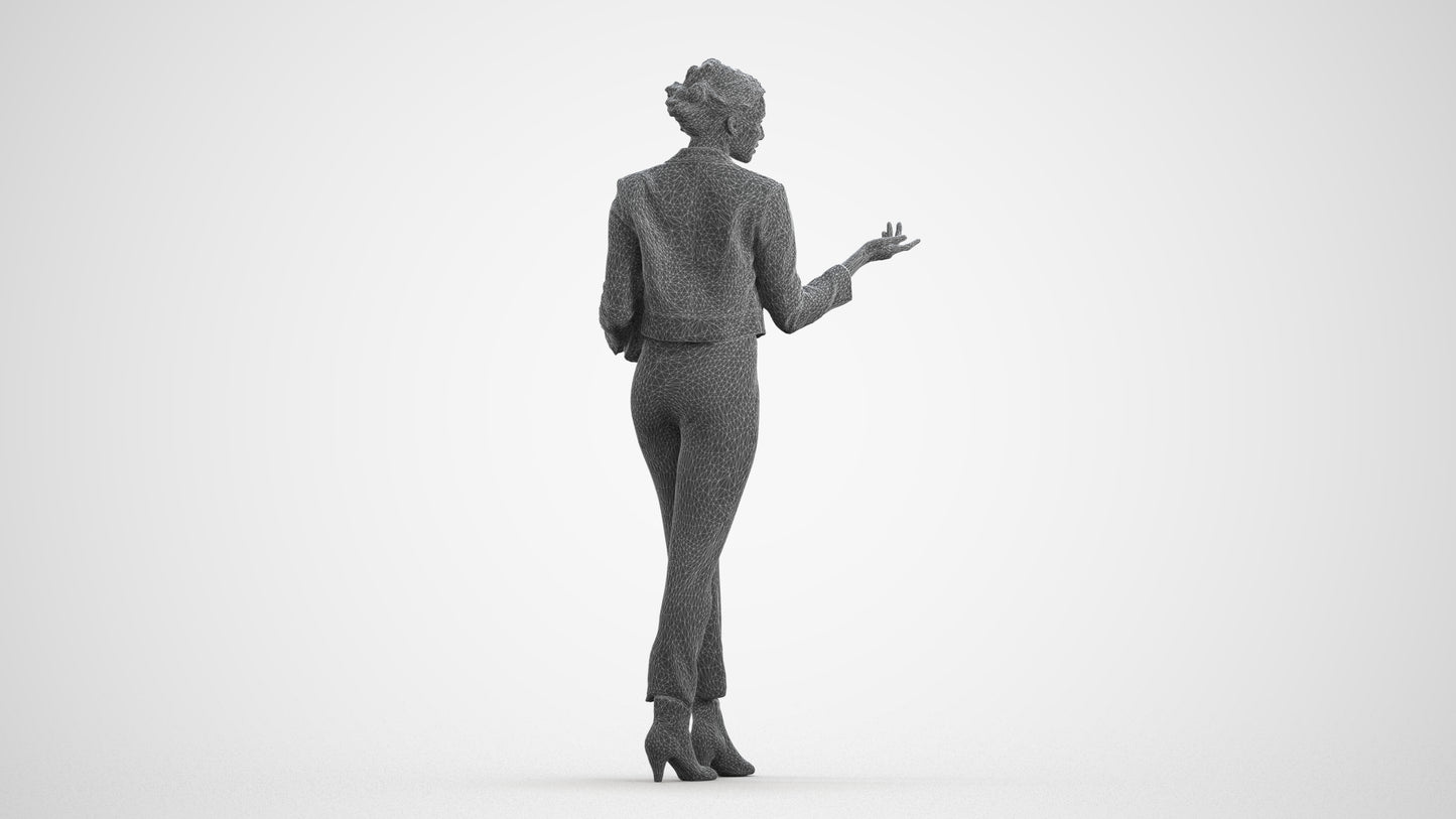 3D human model woman business standing, photogrammetry scanned person for archviz, wireframe front view