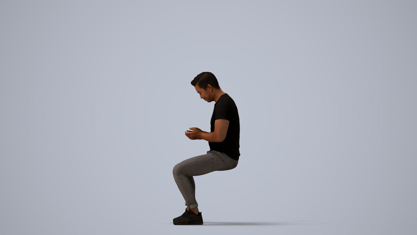 3D scanned man sitting casual, photorealistic archviz people for Enscape and SketchUp, three-quarter view render