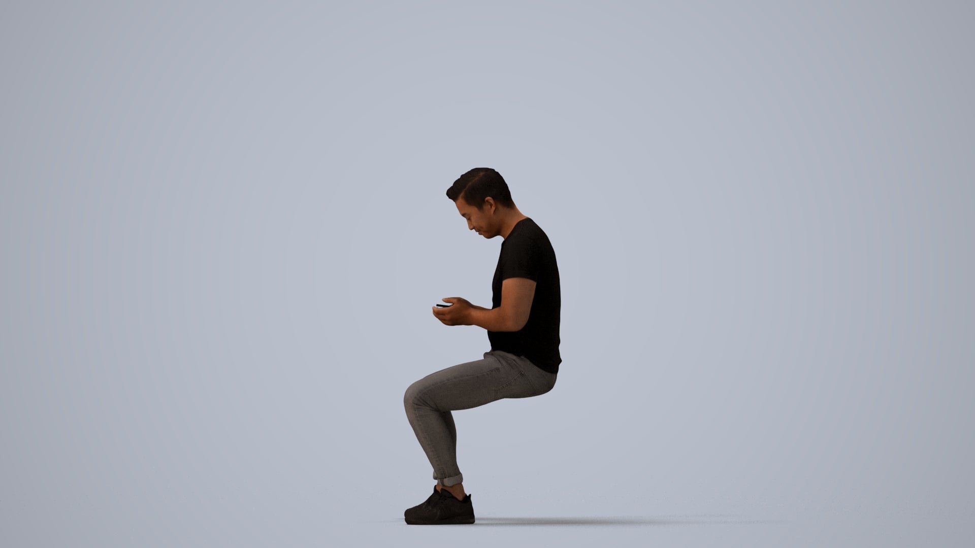 3D scanned man sitting casual, photorealistic archviz people for Enscape and SketchUp, three-quarter view render