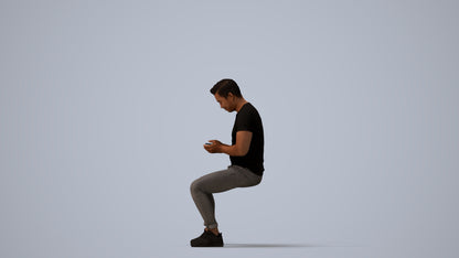 3D scanned man sitting casual, photorealistic archviz people for Enscape and SketchUp, three-quarter view render
