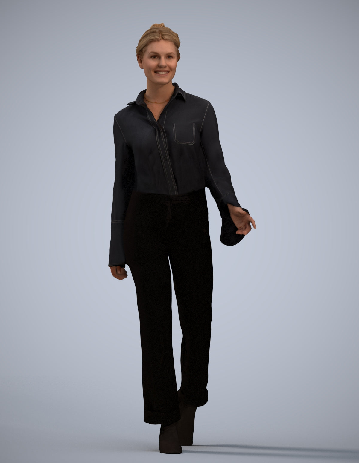 3D human model woman business walking, photogrammetry scanned person for archviz