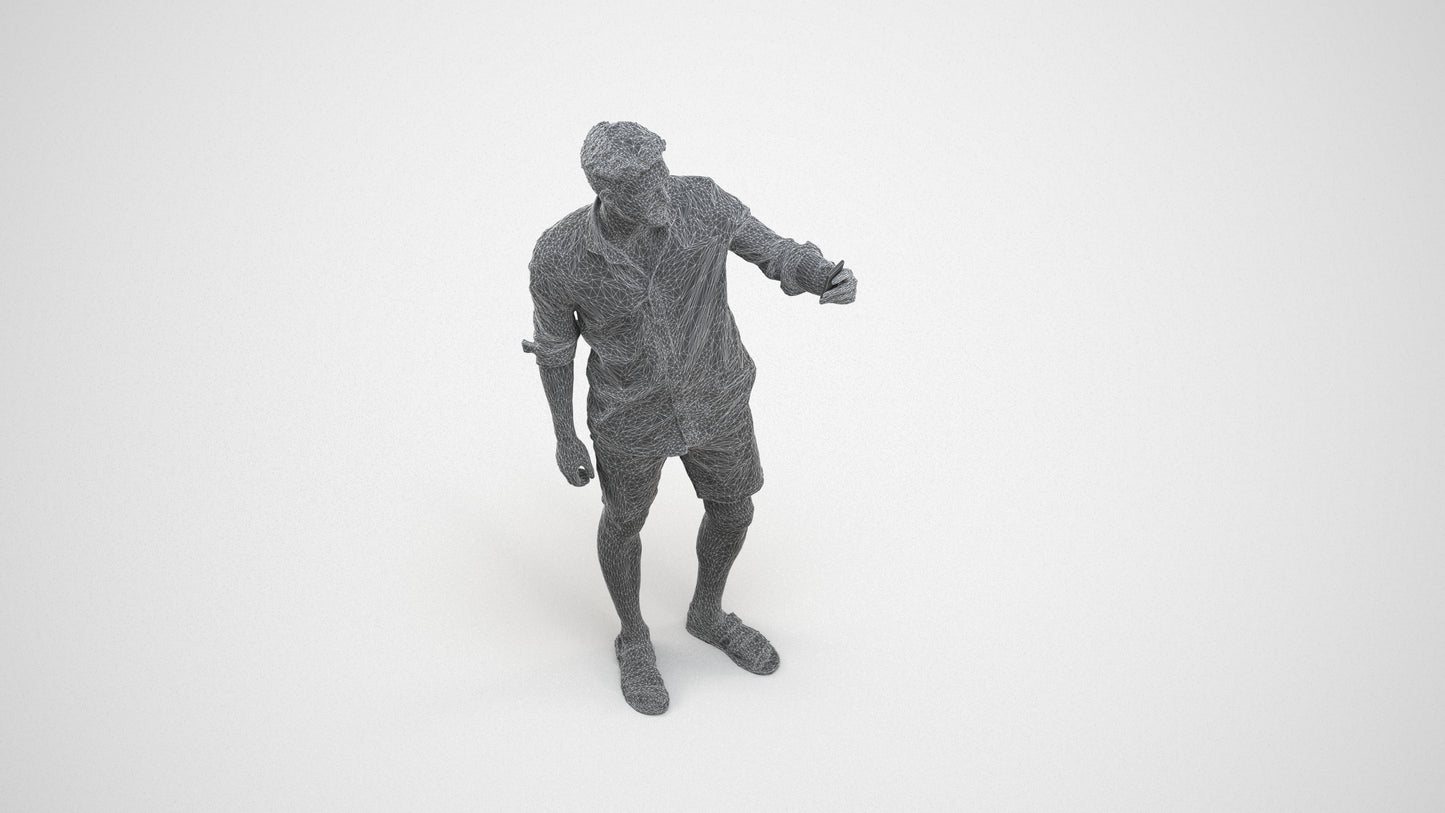photogrammetry 3D man casual standing, realistic human model archviz FBX, wireframe three-quarter view