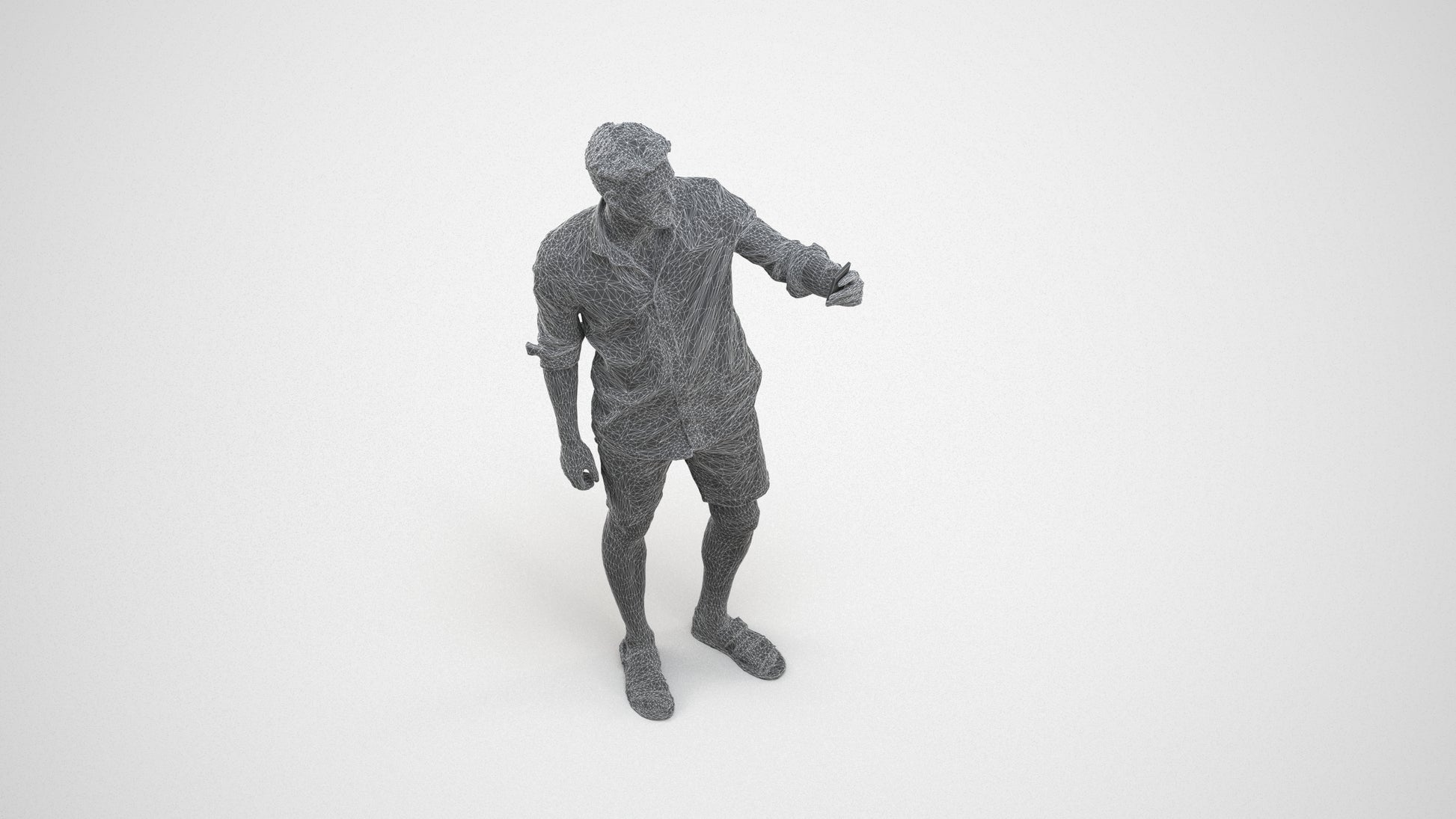 photogrammetry 3D man casual standing, realistic human model archviz FBX, wireframe three-quarter view