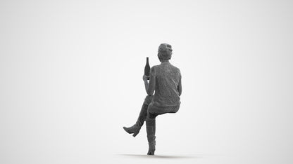 3D human model woman casual sitting, photogrammetry scanned person for archviz, wireframe front view
