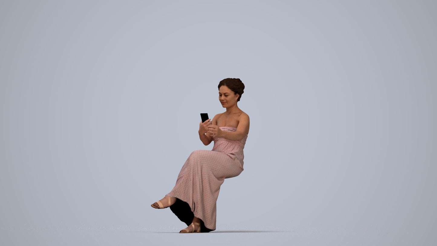 realistic 3D human woman casual sitting, archviz people FBX OBJ for Blender, top-down view render