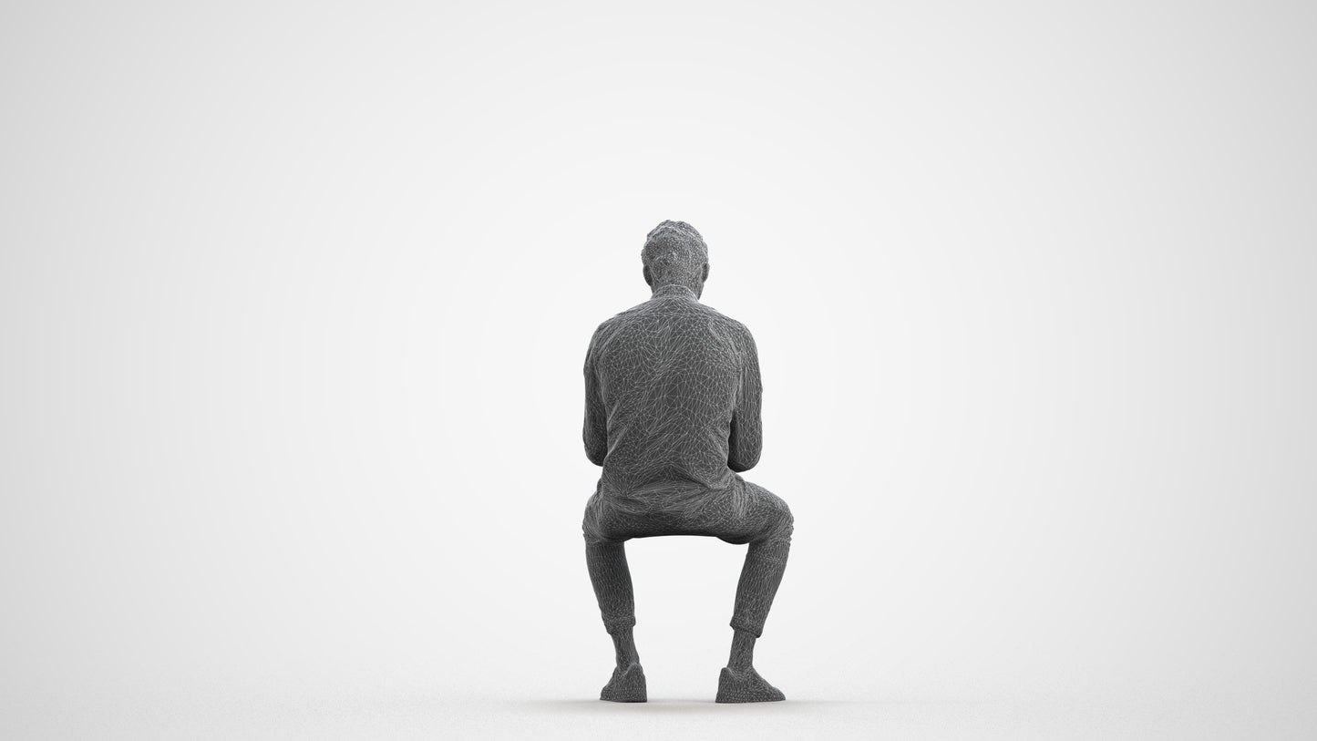 photogrammetry 3D man casual sitting, realistic human model archviz FBX, wireframe front view