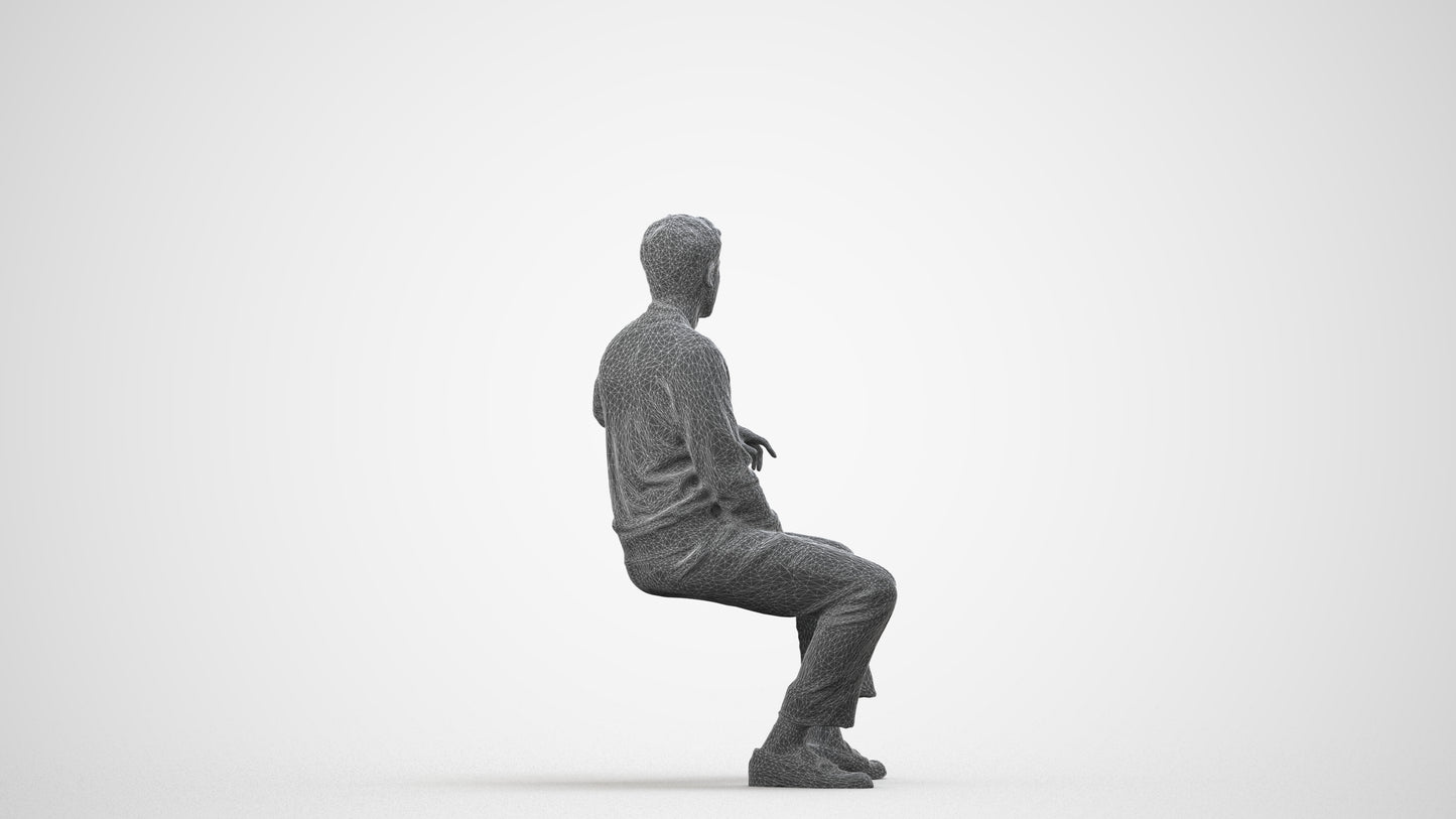 photogrammetry 3D man casual sitting, realistic human model archviz FBX, wireframe side view