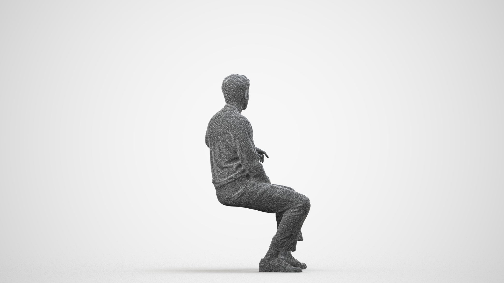 photogrammetry 3D man casual sitting, realistic human model archviz FBX, wireframe side view