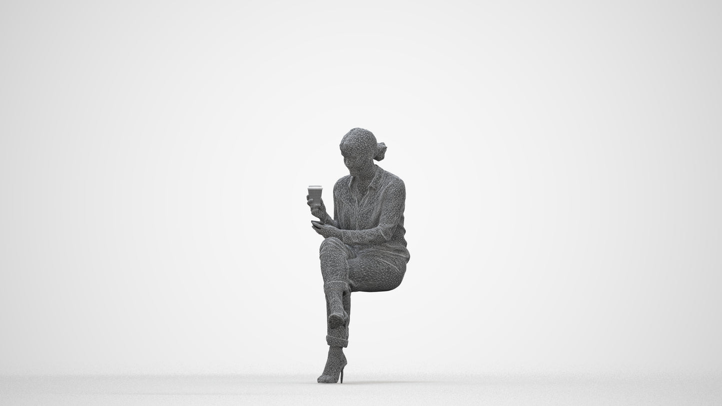 realistic 3D woman casual sitting, scanned archviz people for Blender and 3ds Max, wireframe back view