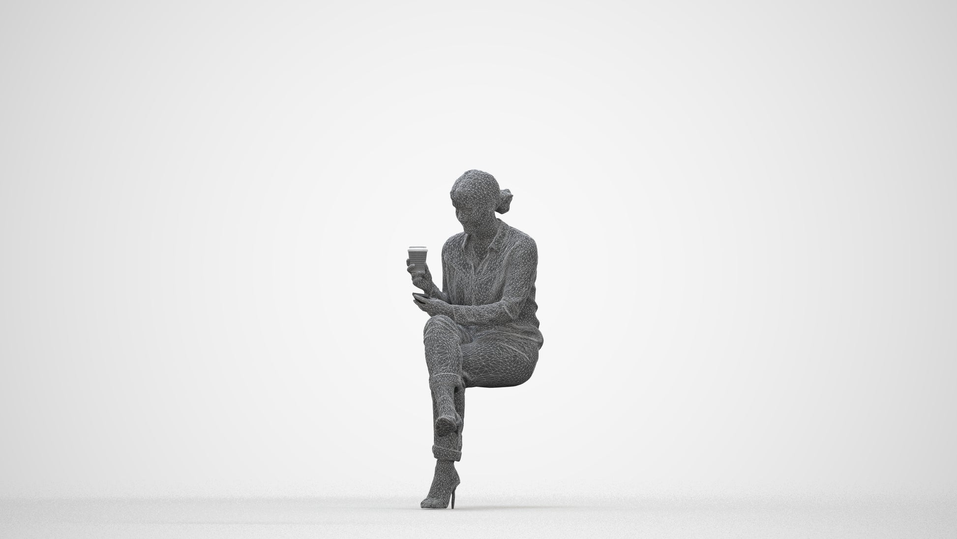 realistic 3D woman casual sitting, scanned archviz people for Blender and 3ds Max, wireframe back view