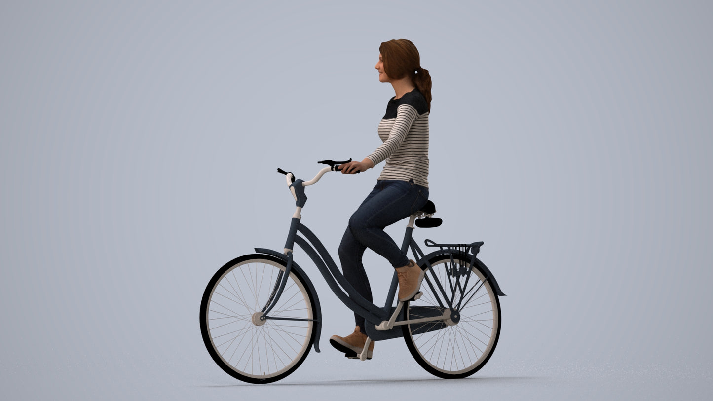 realistic 3D human woman casual cycling, archviz people FBX OBJ for Blender, three-quarter view render