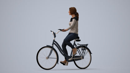 realistic 3D human woman casual cycling, archviz people FBX OBJ for Blender, three-quarter view render