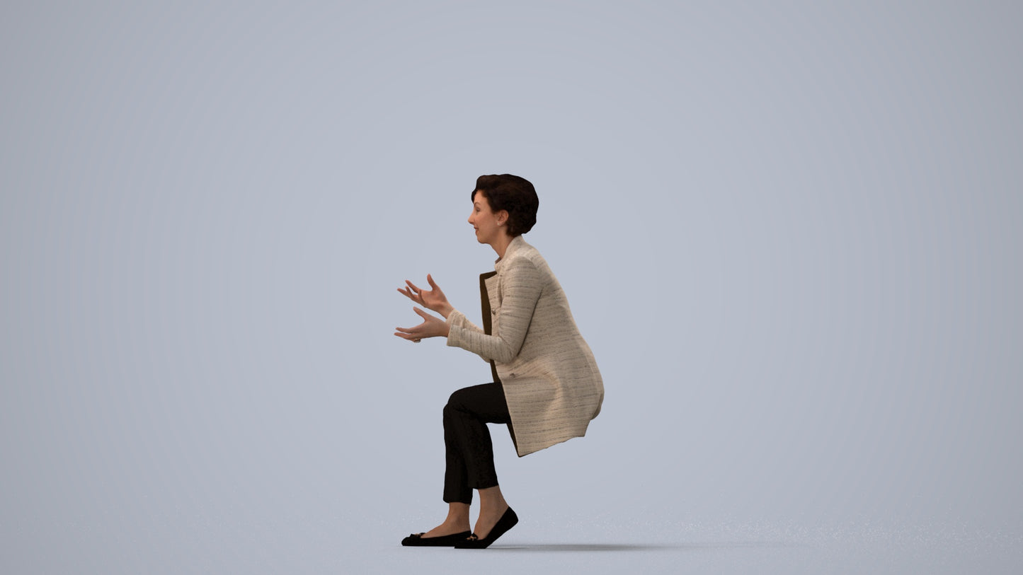 realistic 3D woman business sitting, scanned archviz people for Blender and 3ds Max, three-quarter view render