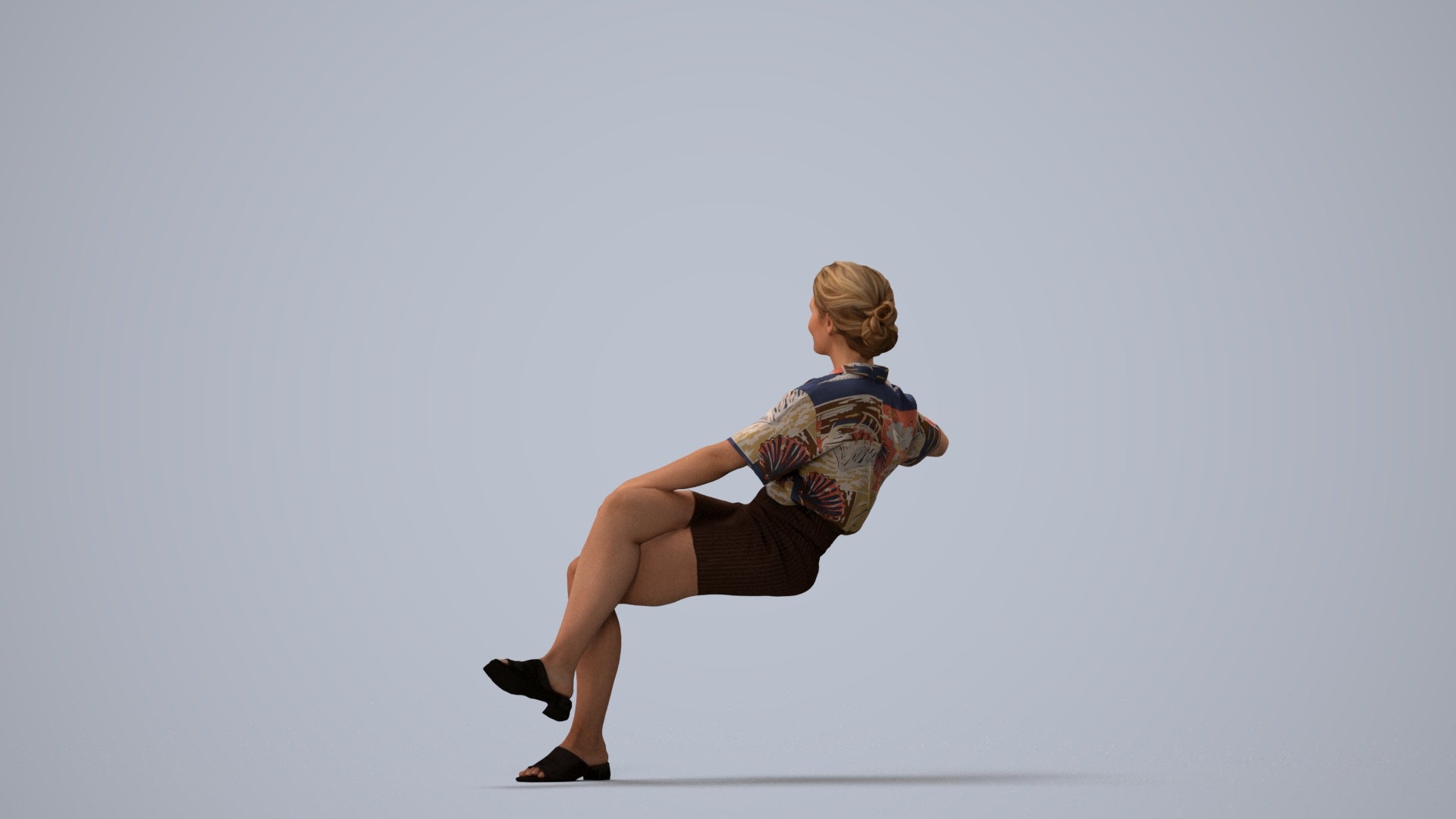 3D human model woman casual sitting, photogrammetry scanned person for archviz, three-quarter view render