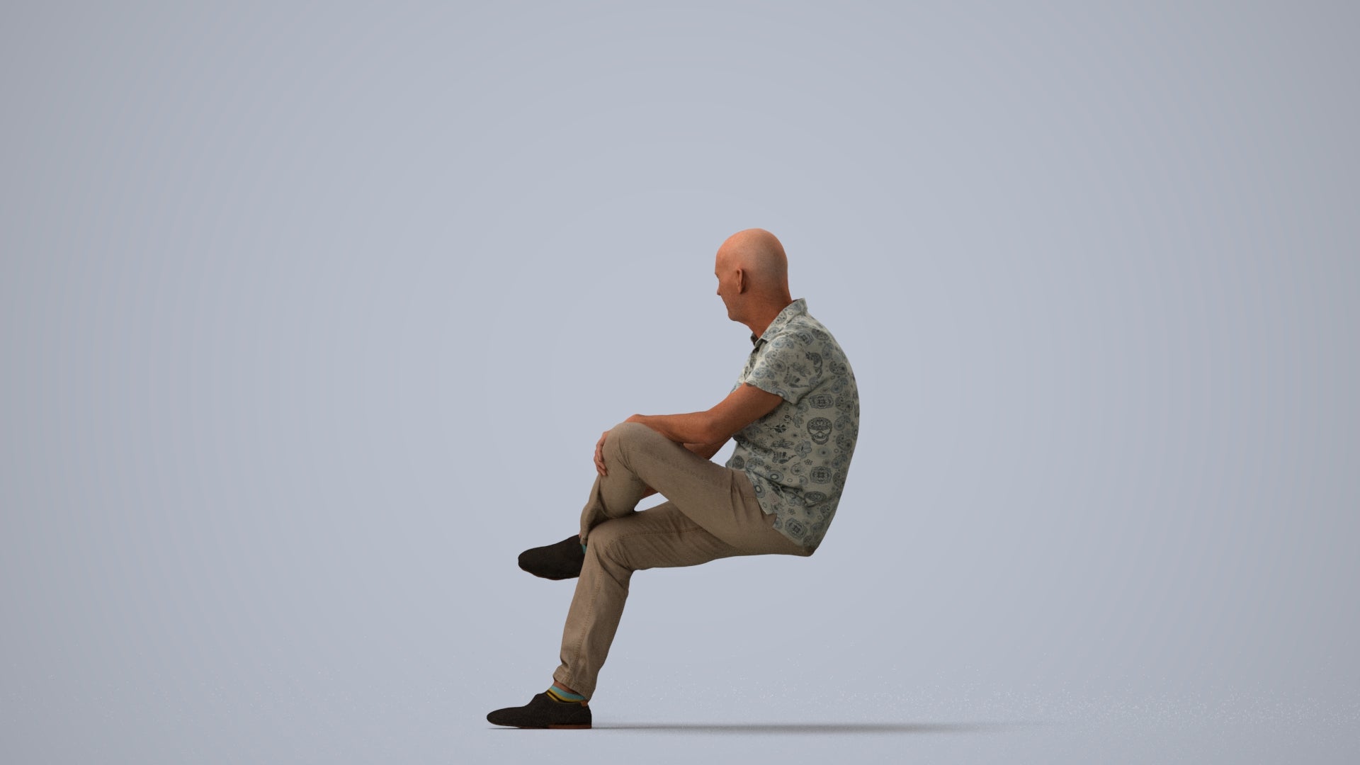 3D scanned senior man sitting casual, photorealistic archviz people for Enscape and SketchUp, three-quarter view render