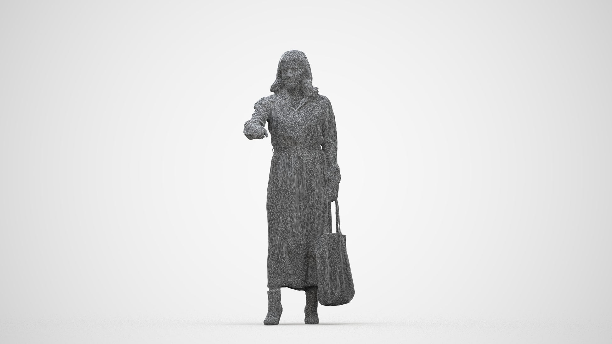 realistic 3D woman casual door, scanned archviz people for Blender and 3ds Max, wireframe back view