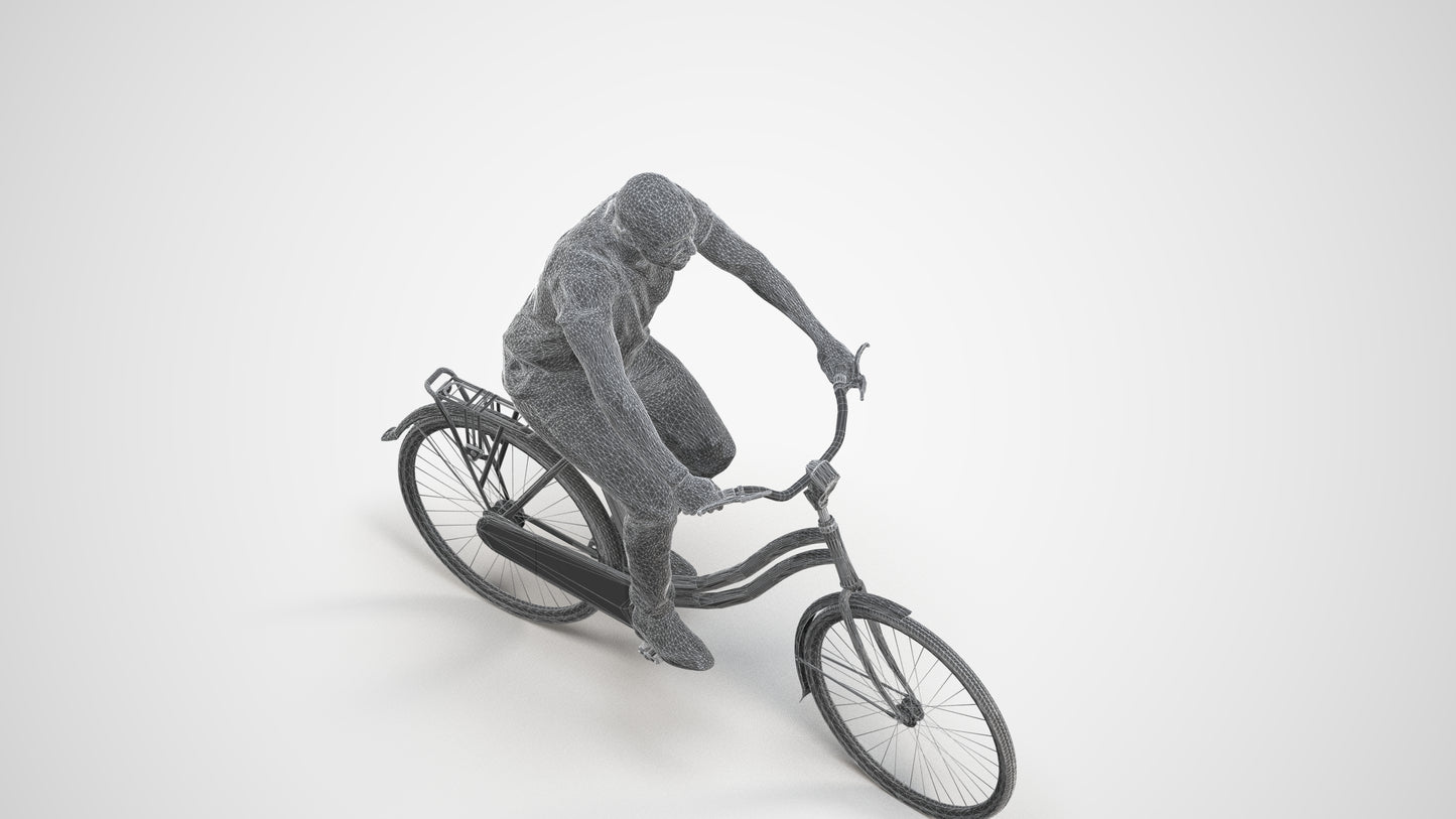 realistic 3D man casual cycling, scanned archviz people for Blender and 3ds Max, wireframe three-quarter view