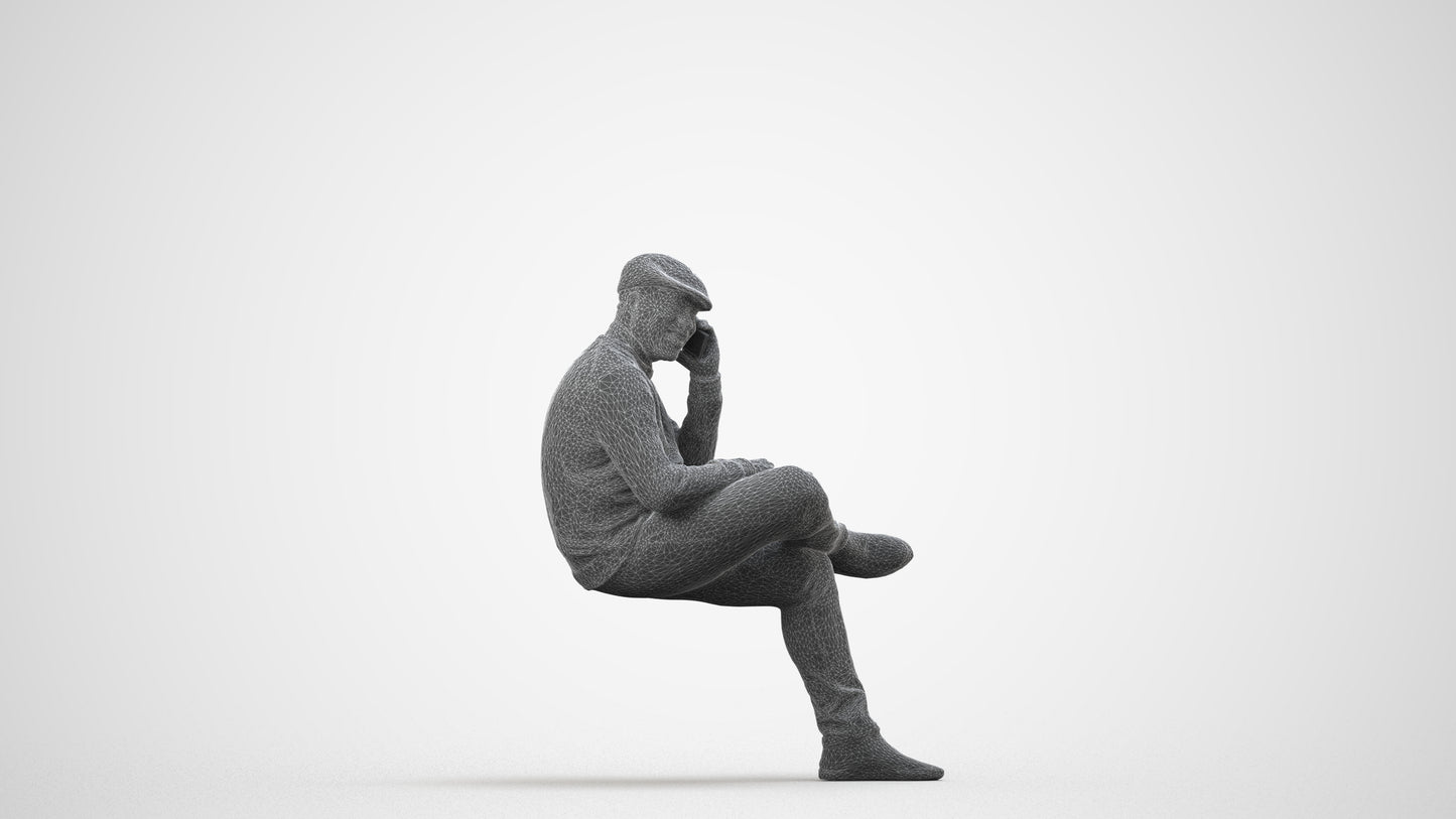 realistic 3D man casual sitting, scanned archviz people for Blender and 3ds Max, wireframe side view
