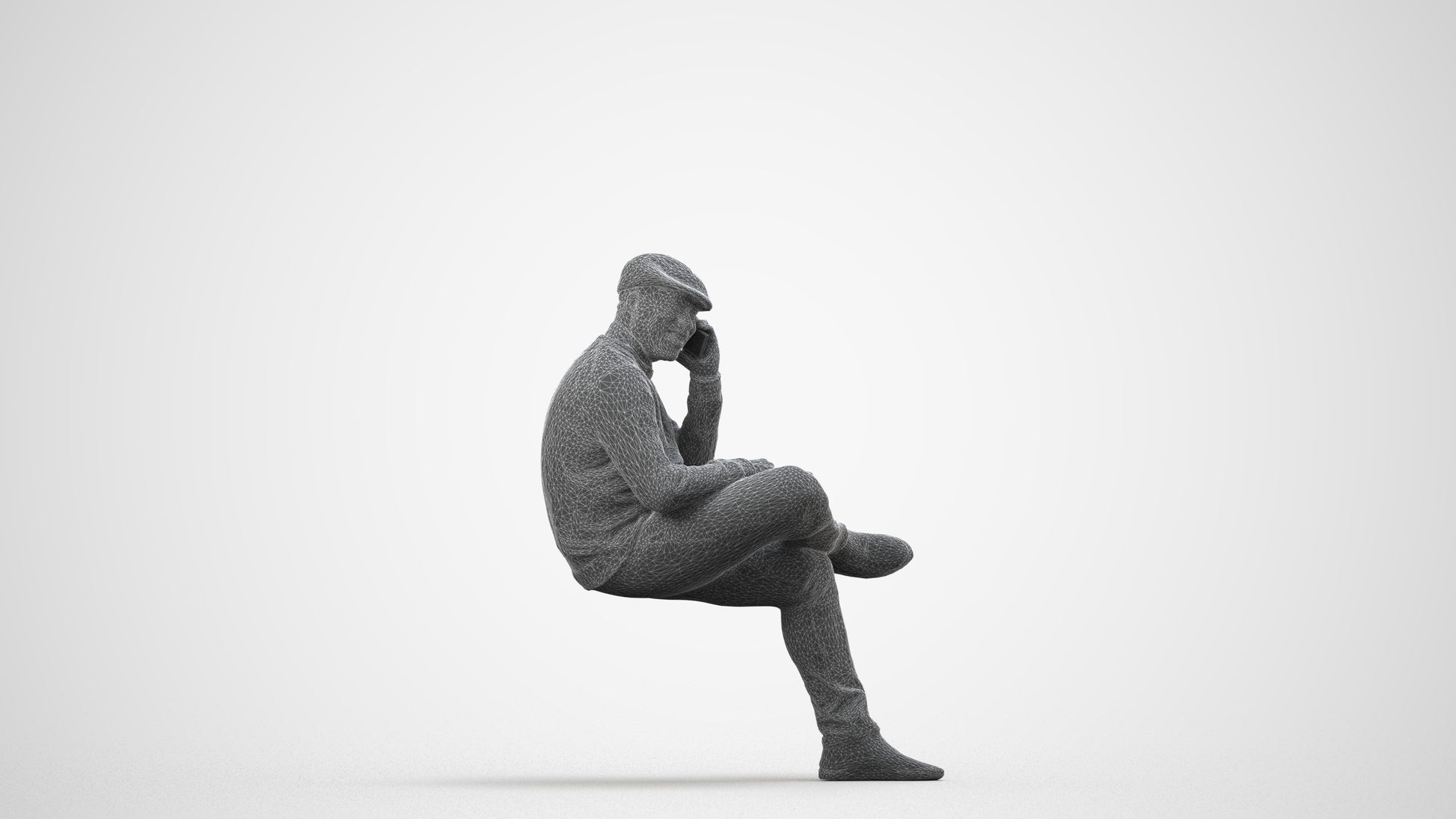 realistic 3D man casual sitting, scanned archviz people for Blender and 3ds Max, wireframe side view