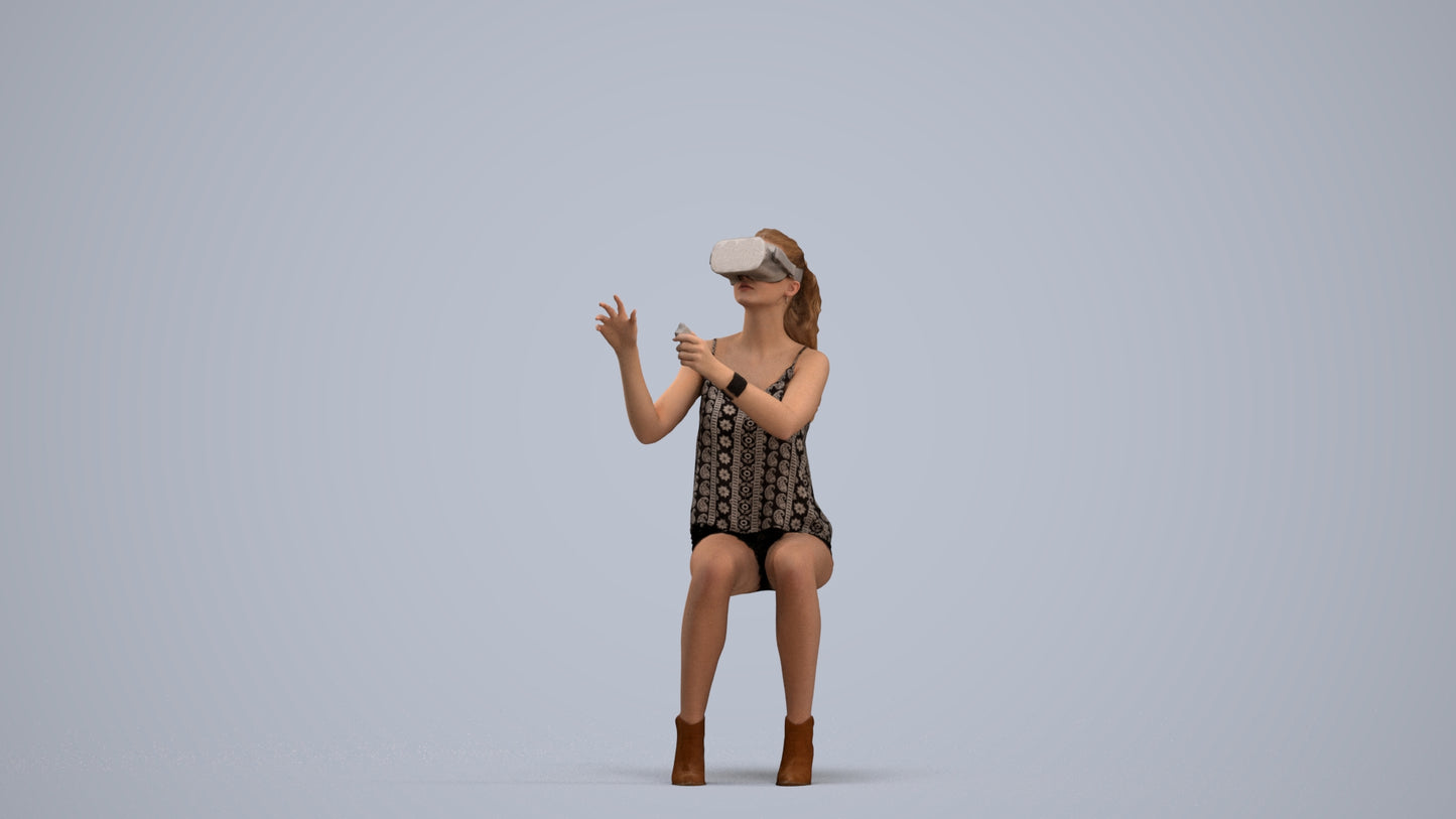 3D human model girl casual sitting, photogrammetry scanned person for archviz, standing pose render