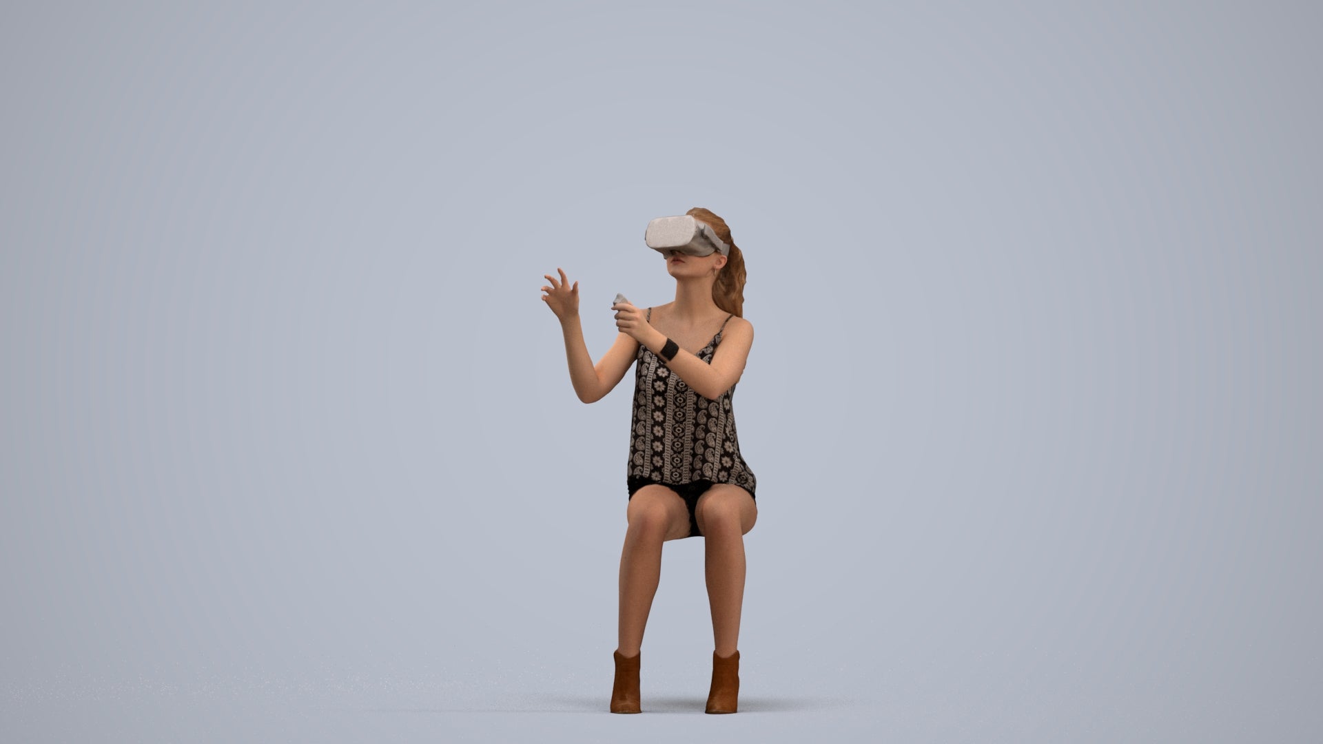 3D human model girl casual sitting, photogrammetry scanned person for archviz, standing pose render