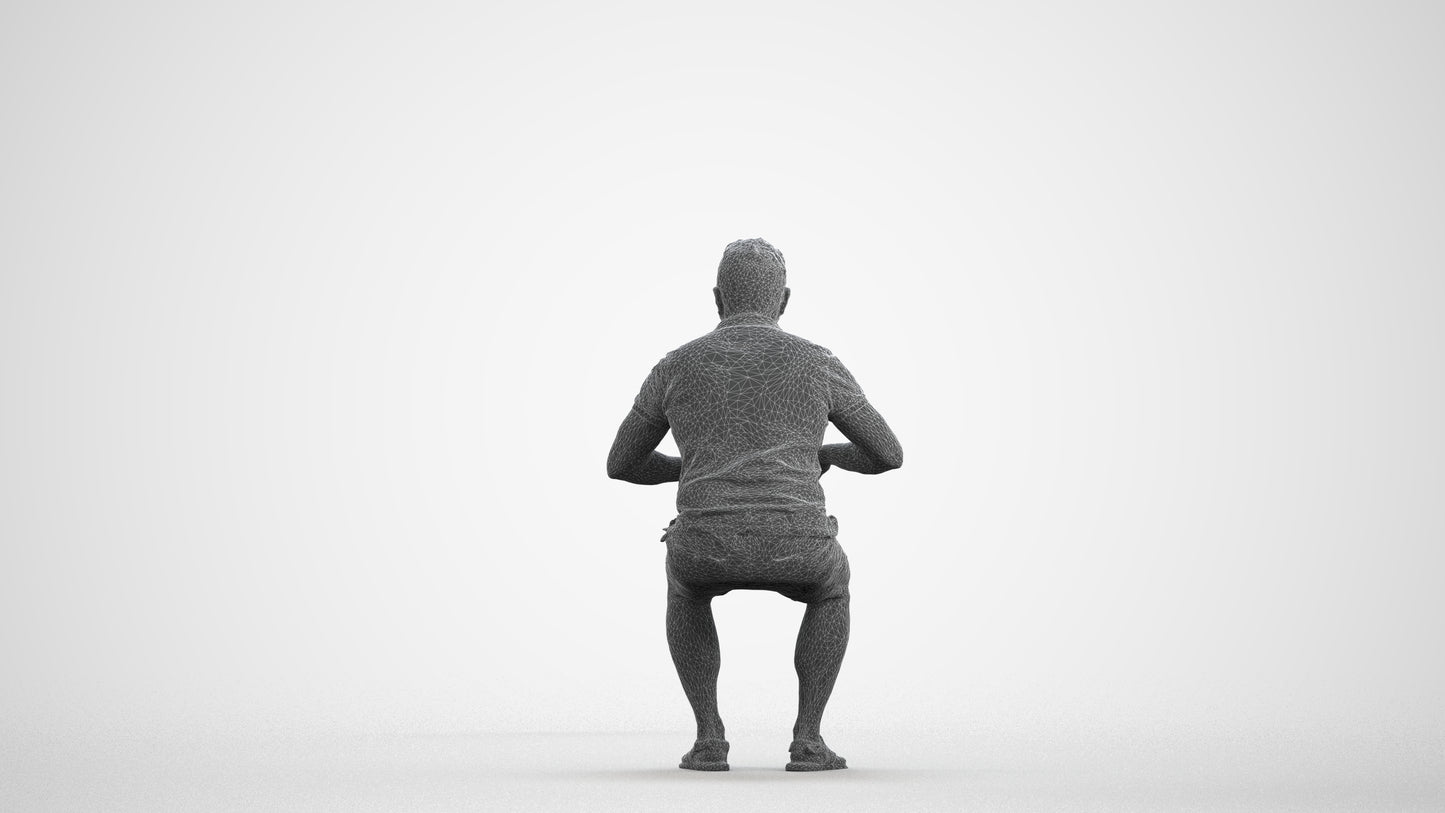 3D scanned man sitting casual, photorealistic archviz people for Enscape and SketchUp, wireframe front view
