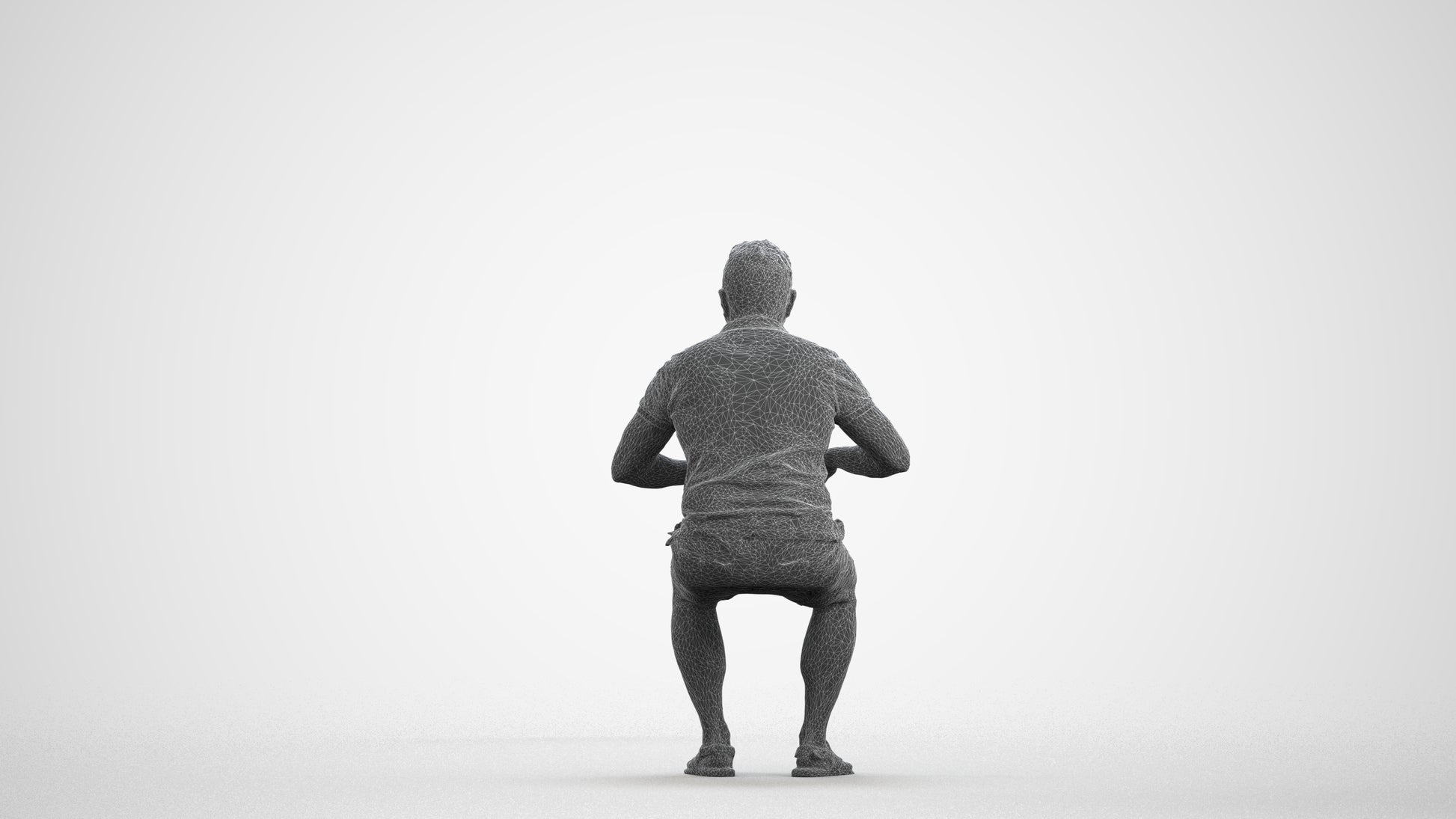 3D scanned man sitting casual, photorealistic archviz people for Enscape and SketchUp, wireframe front view