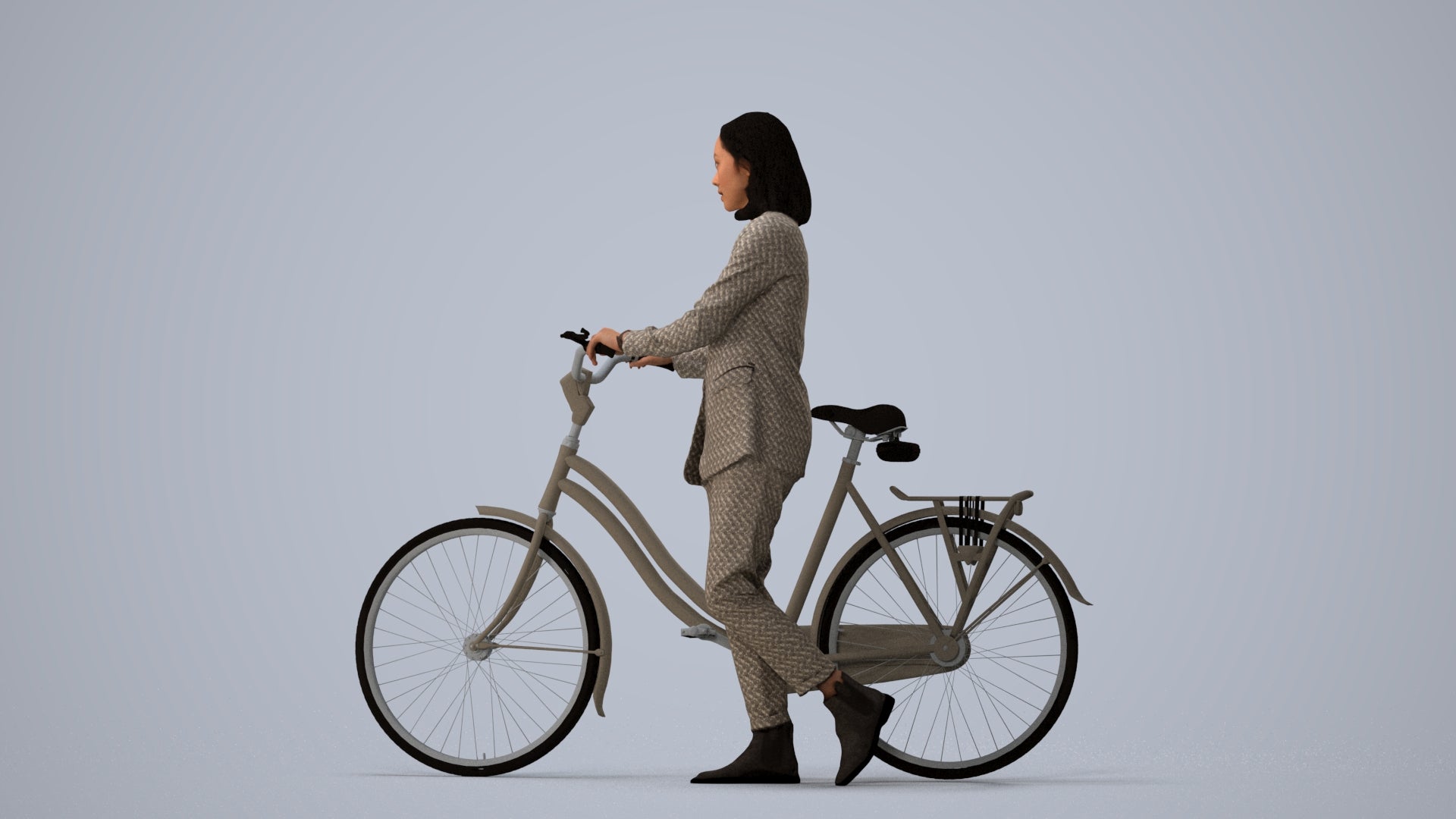 realistic 3D woman business cycling, scanned archviz people for Blender and 3ds Max, three-quarter view render