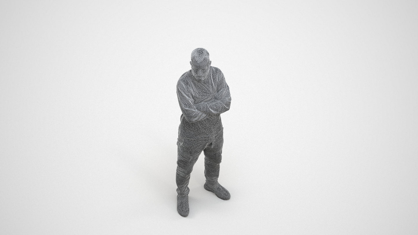 3D human model man casual standing, photogrammetry scanned person for archviz, wireframe three-quarter view