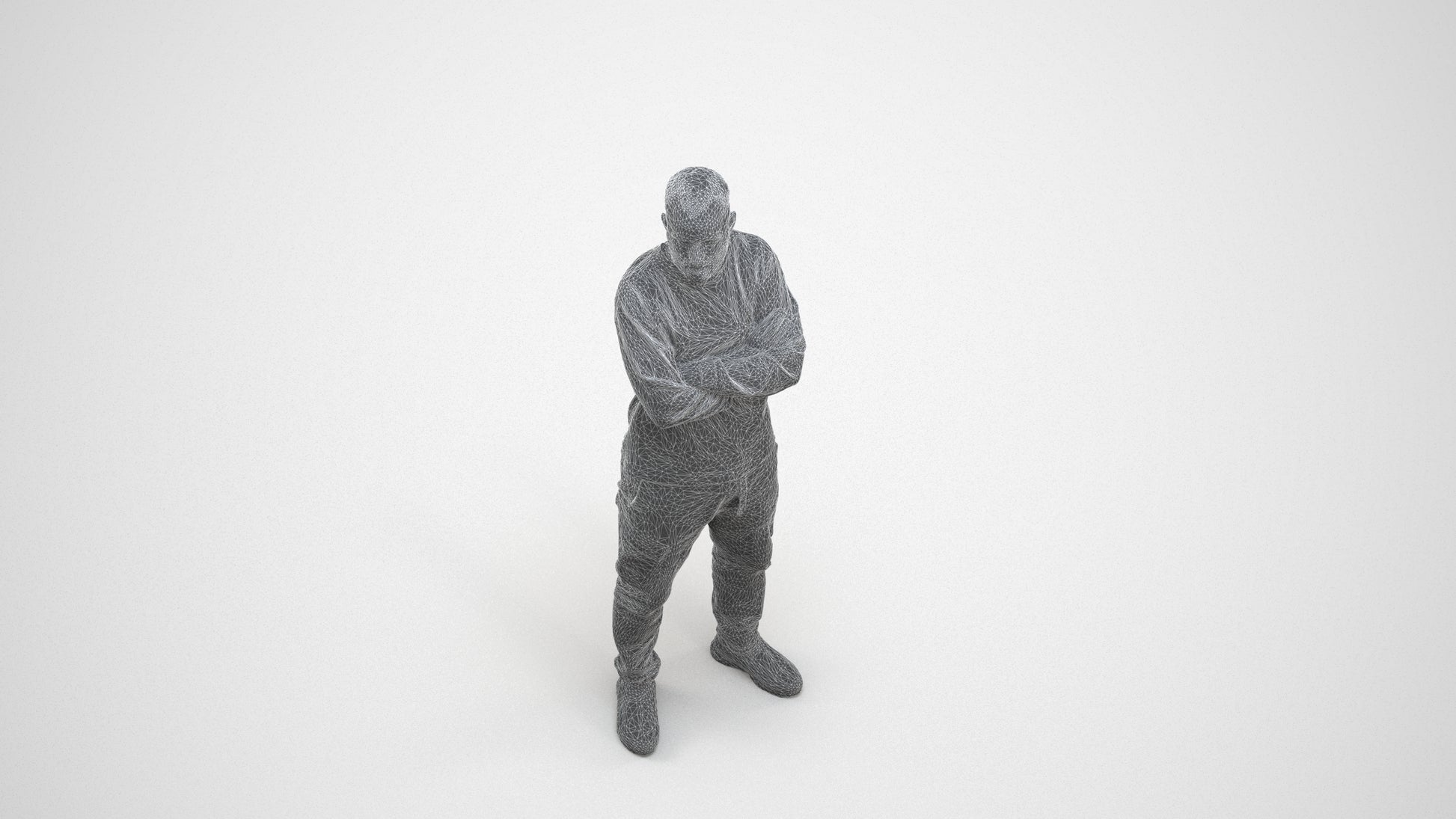 3D human model man casual standing, photogrammetry scanned person for archviz, wireframe three-quarter view