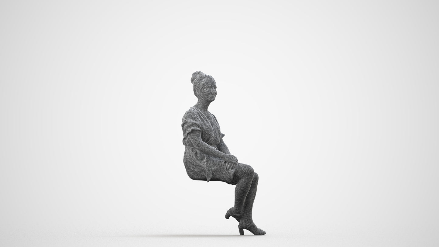 3D scanned woman sitting casual, photorealistic archviz people for Enscape and SketchUp, wireframe side view