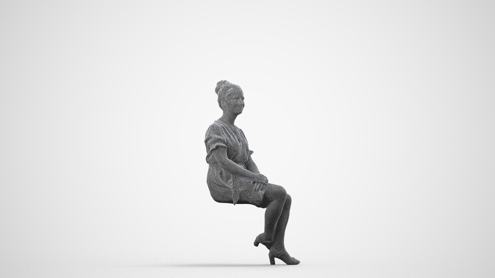 3D scanned woman sitting casual, photorealistic archviz people for Enscape and SketchUp, wireframe side view