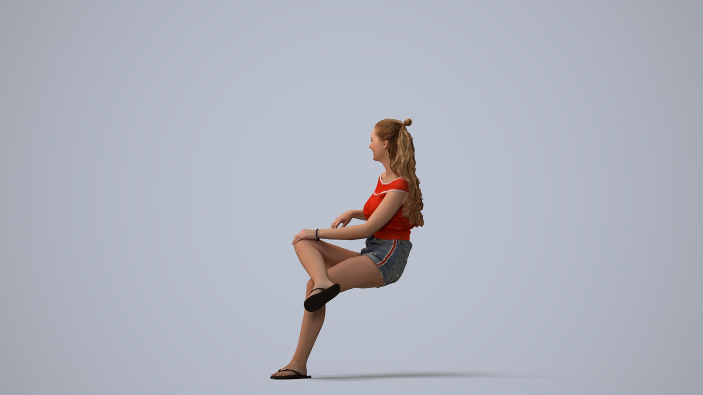 3D people model girl casual sitting, scanned human for 3ds Max rendering, three-quarter view render