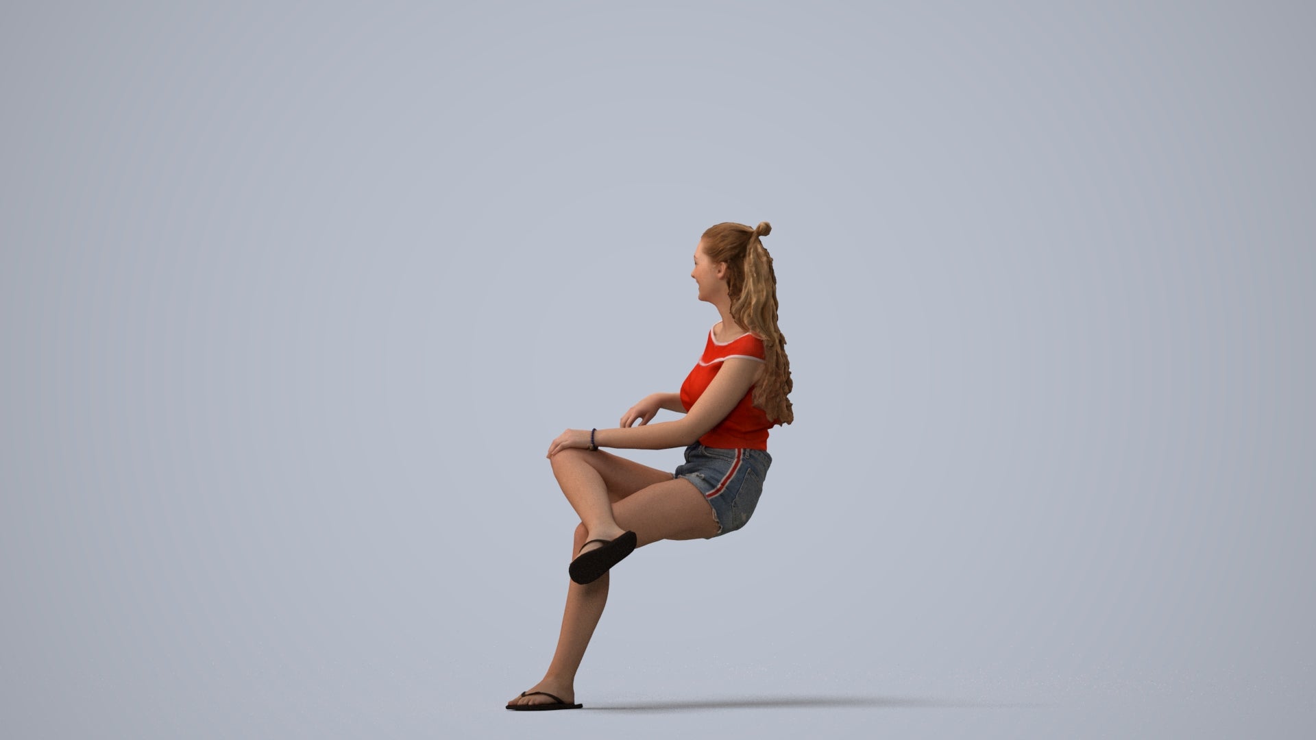 3D people model girl casual sitting, scanned human for 3ds Max rendering, three-quarter view render