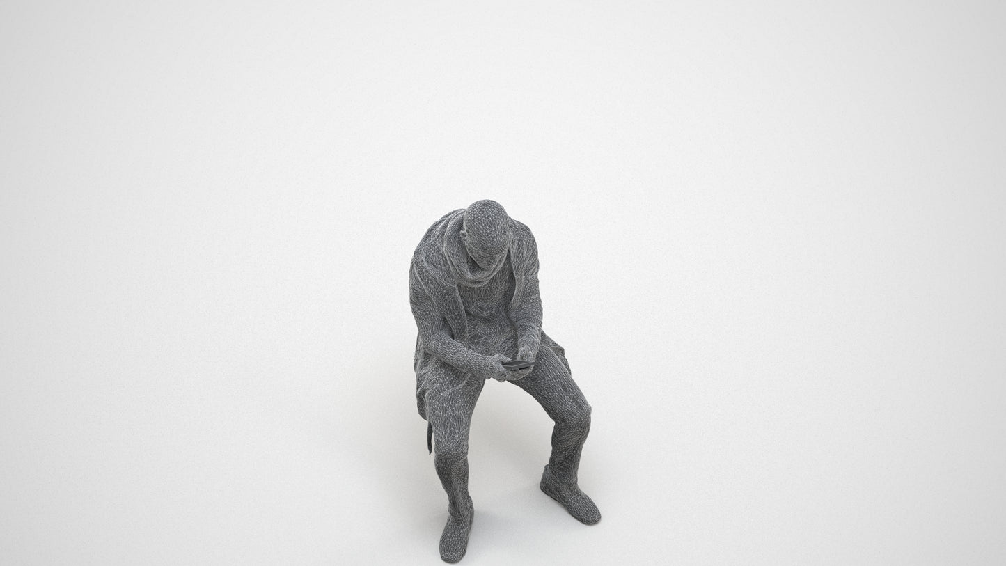 realistic 3D man casual sitting, scanned archviz people for Blender and 3ds Max, wireframe three-quarter view