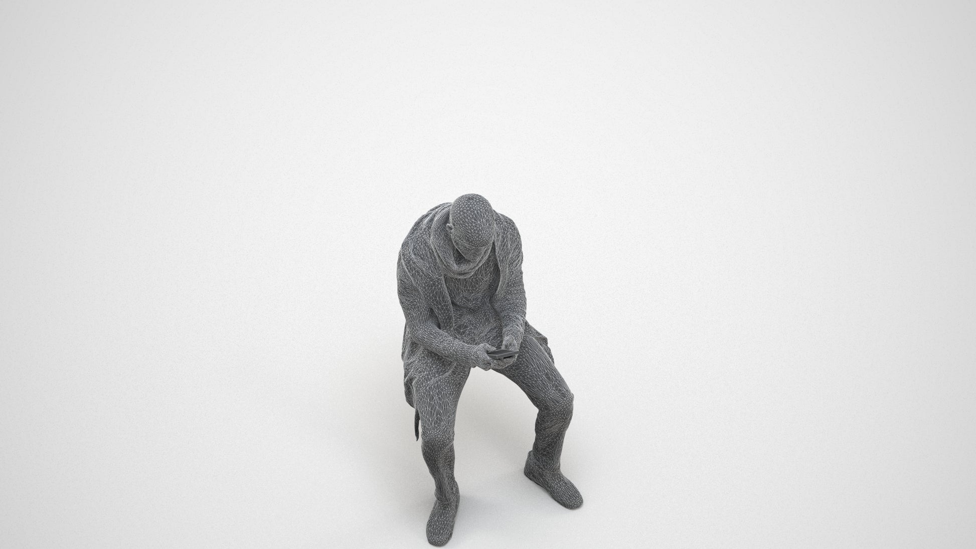 realistic 3D man casual sitting, scanned archviz people for Blender and 3ds Max, wireframe three-quarter view