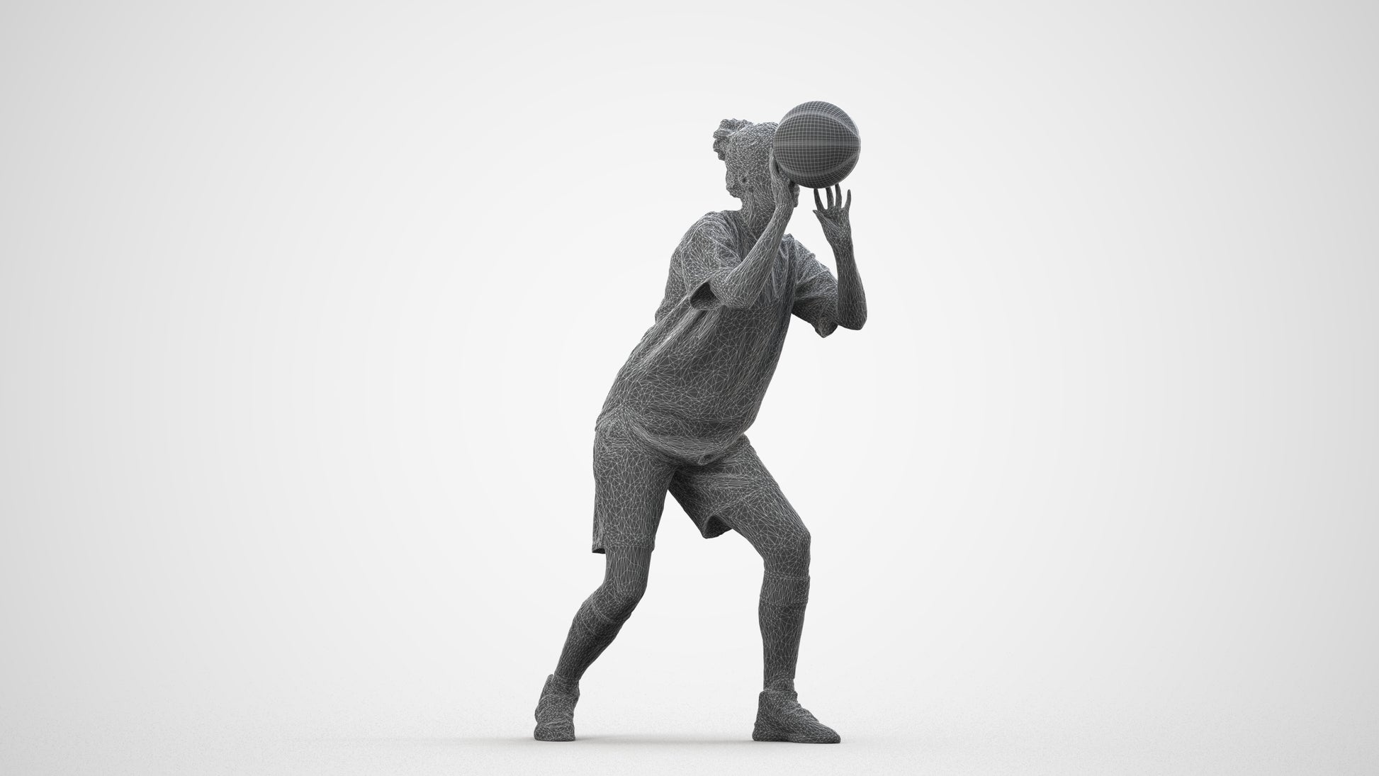 3D human model woman sport, photogrammetry scanned person for archviz, wireframe side view
