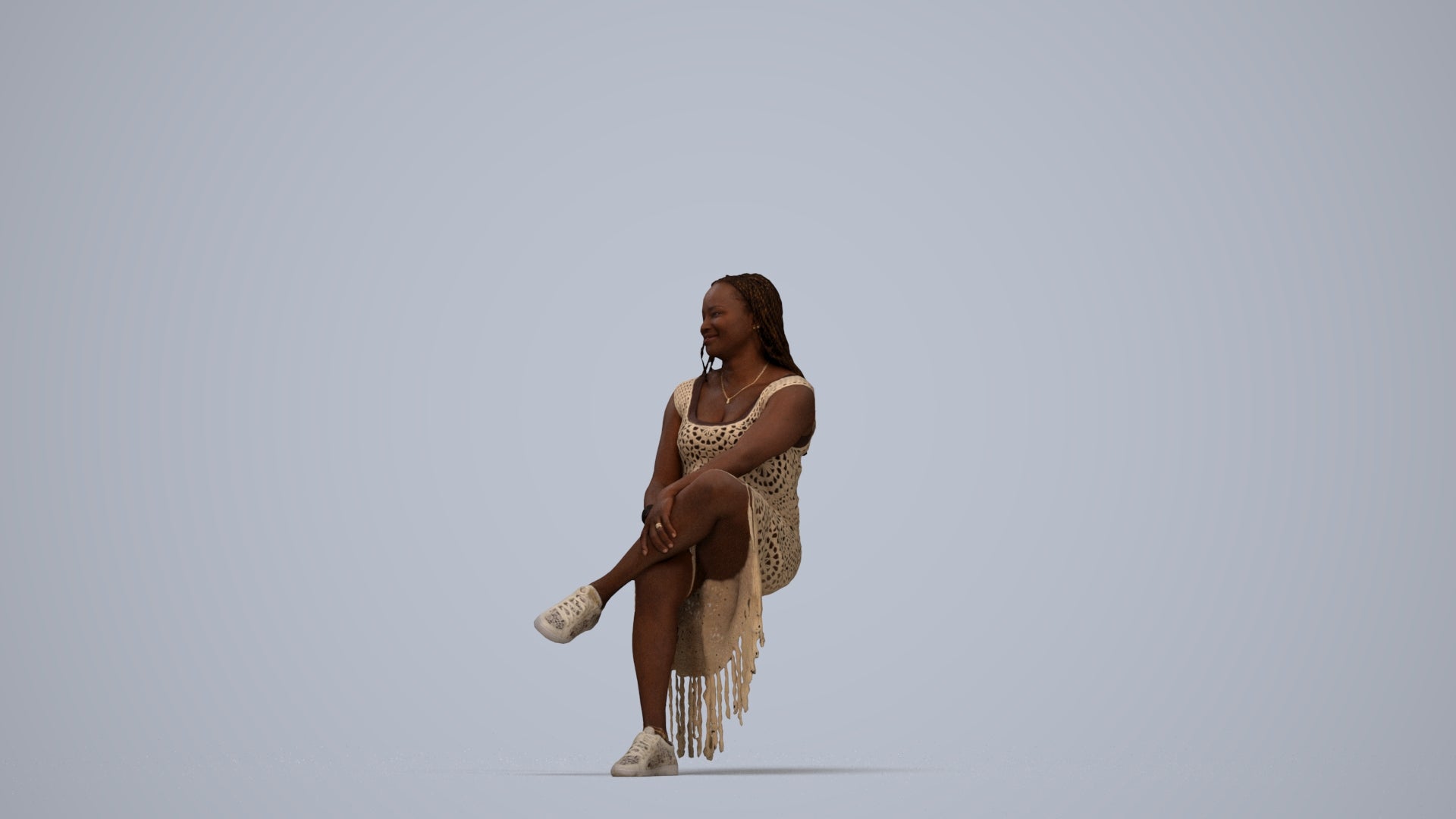 realistic 3D woman casual sitting, scanned archviz people for Blender and 3ds Max, top-down view render