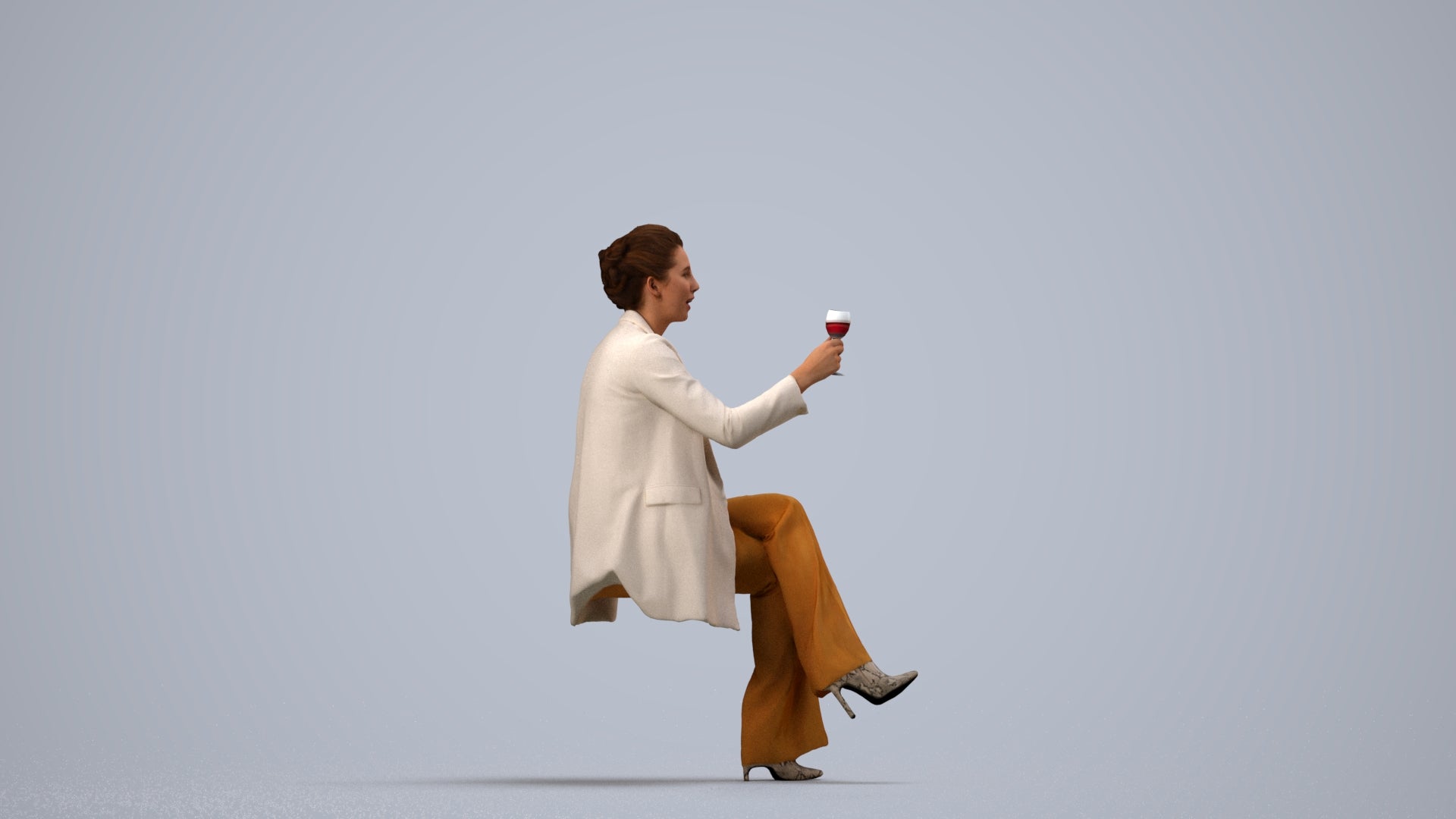 3D human model woman business sitting, photogrammetry scanned person for archviz, side view render