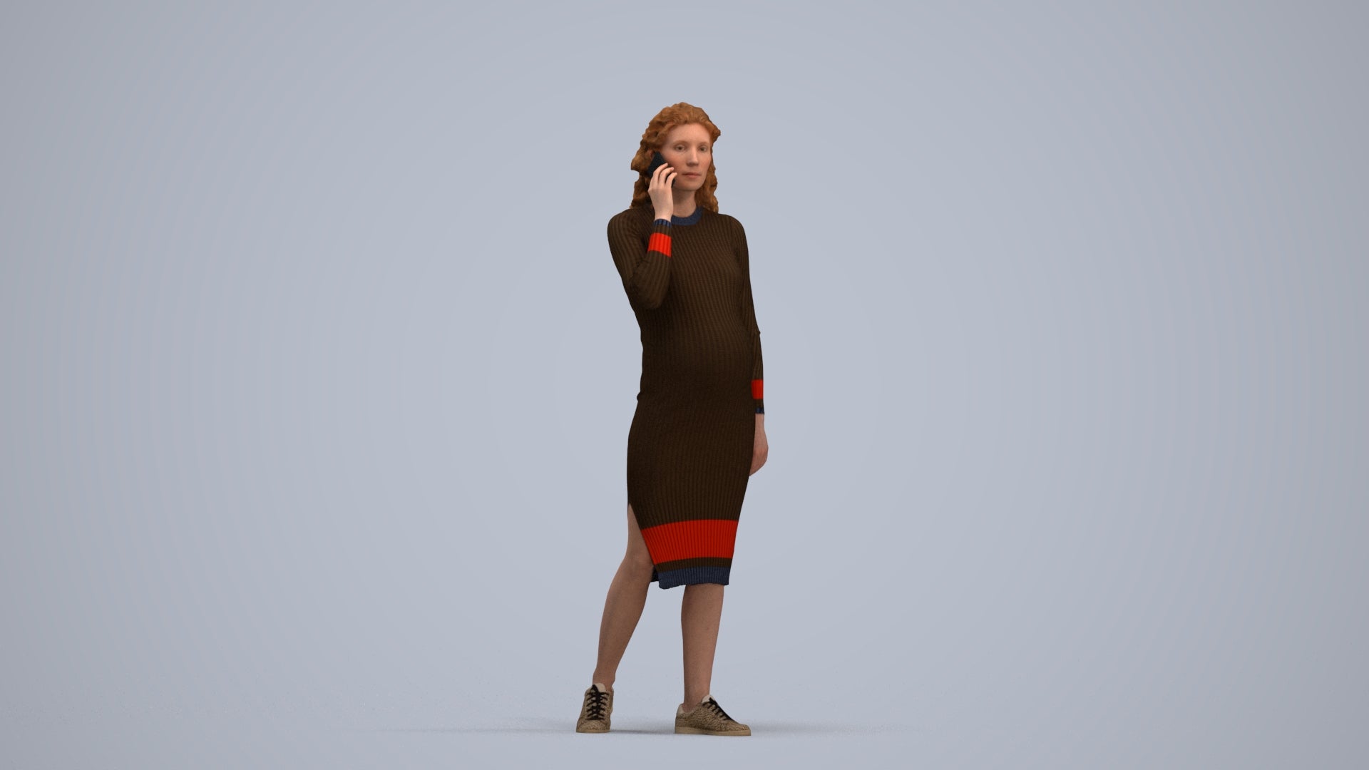 3D human model woman casual walking, photogrammetry scanned person for archviz, standing pose render