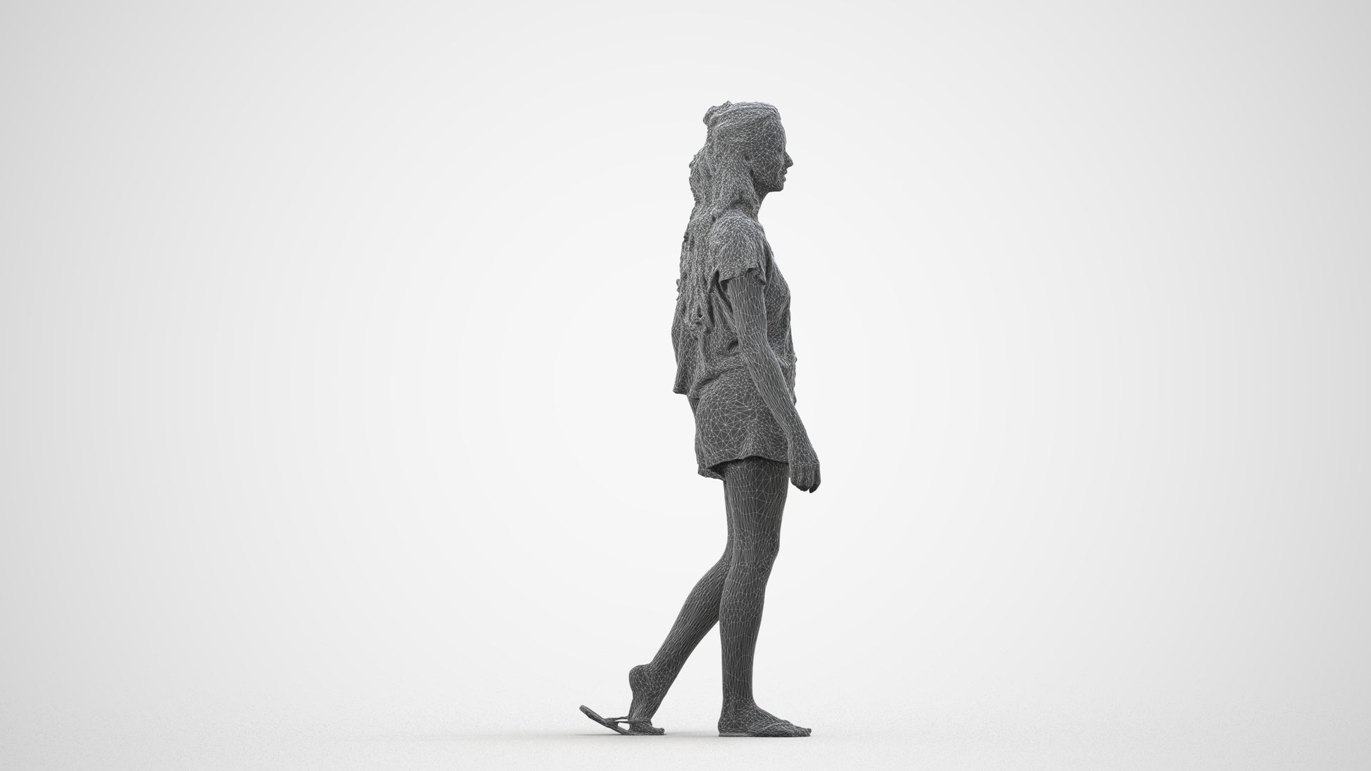 3D people model woman casual walking, scanned human for 3ds Max rendering, wireframe side view