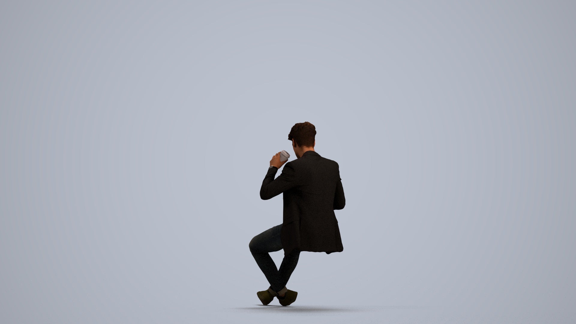 3D human model man casual sitting, photogrammetry scanned person for archviz, front view render
