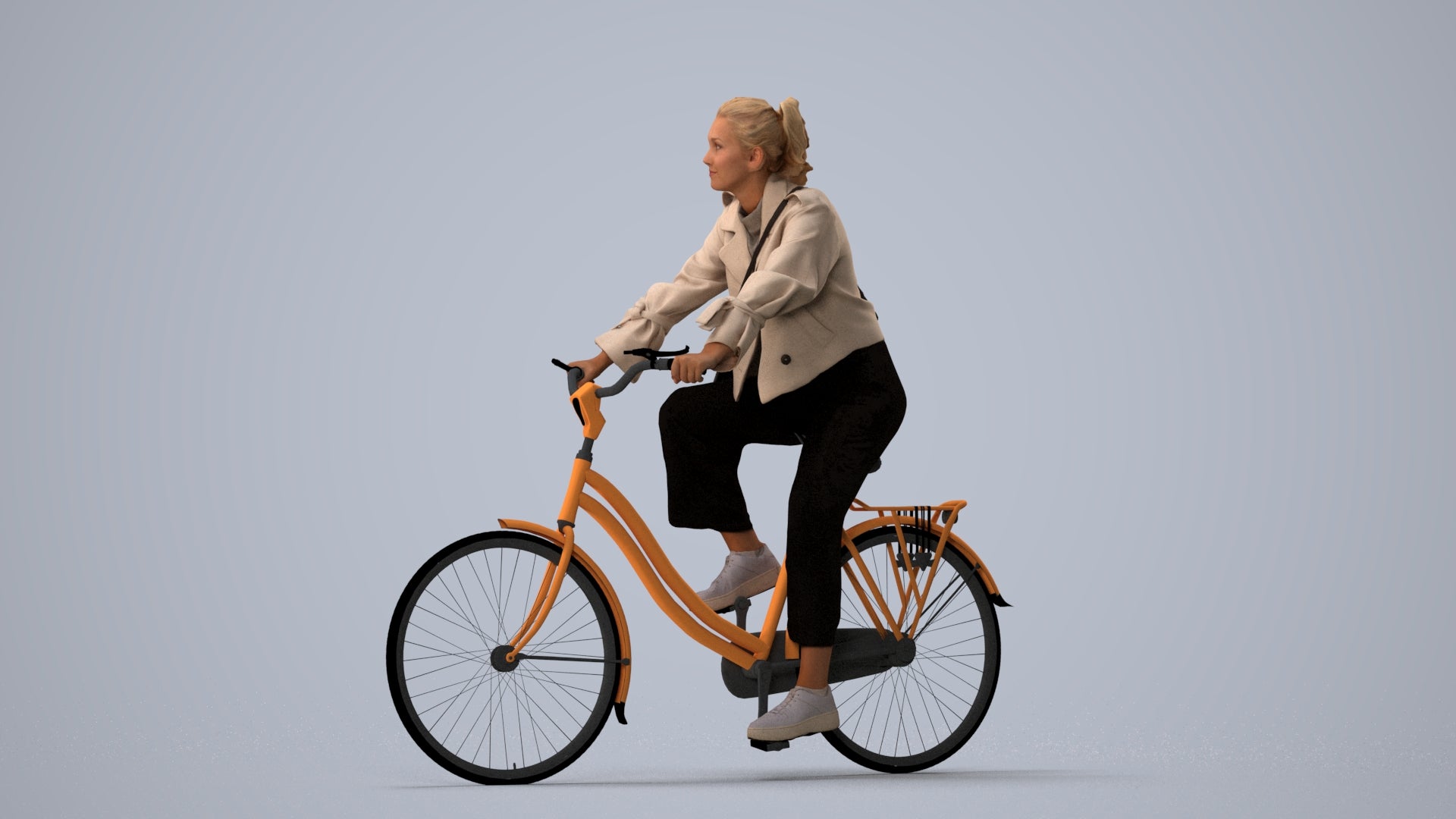 3D people model woman casual cycling, scanned human for 3ds Max rendering, three-quarter view render